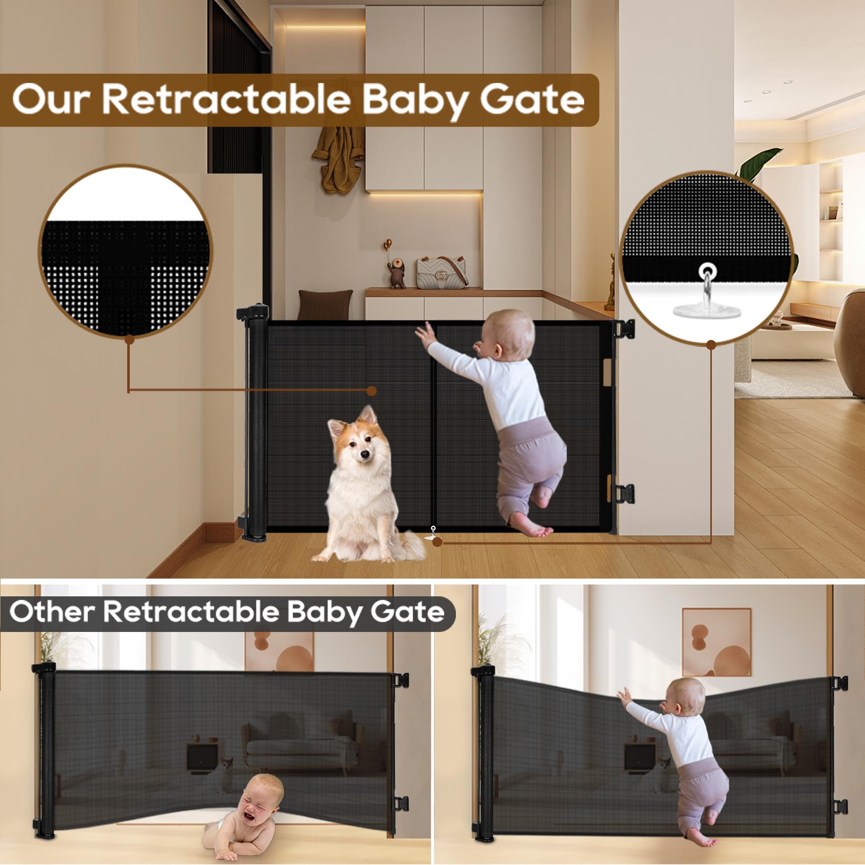 Miumoon Upgrade 59' Retractable Baby Gates With Reinforced Strip Design To Prevent Crawling Through, 42' Tall Retractable Gate For Baby And Pet, 5 Ft Baby Gates For Stairs, Doorways, Hallways(Black)
