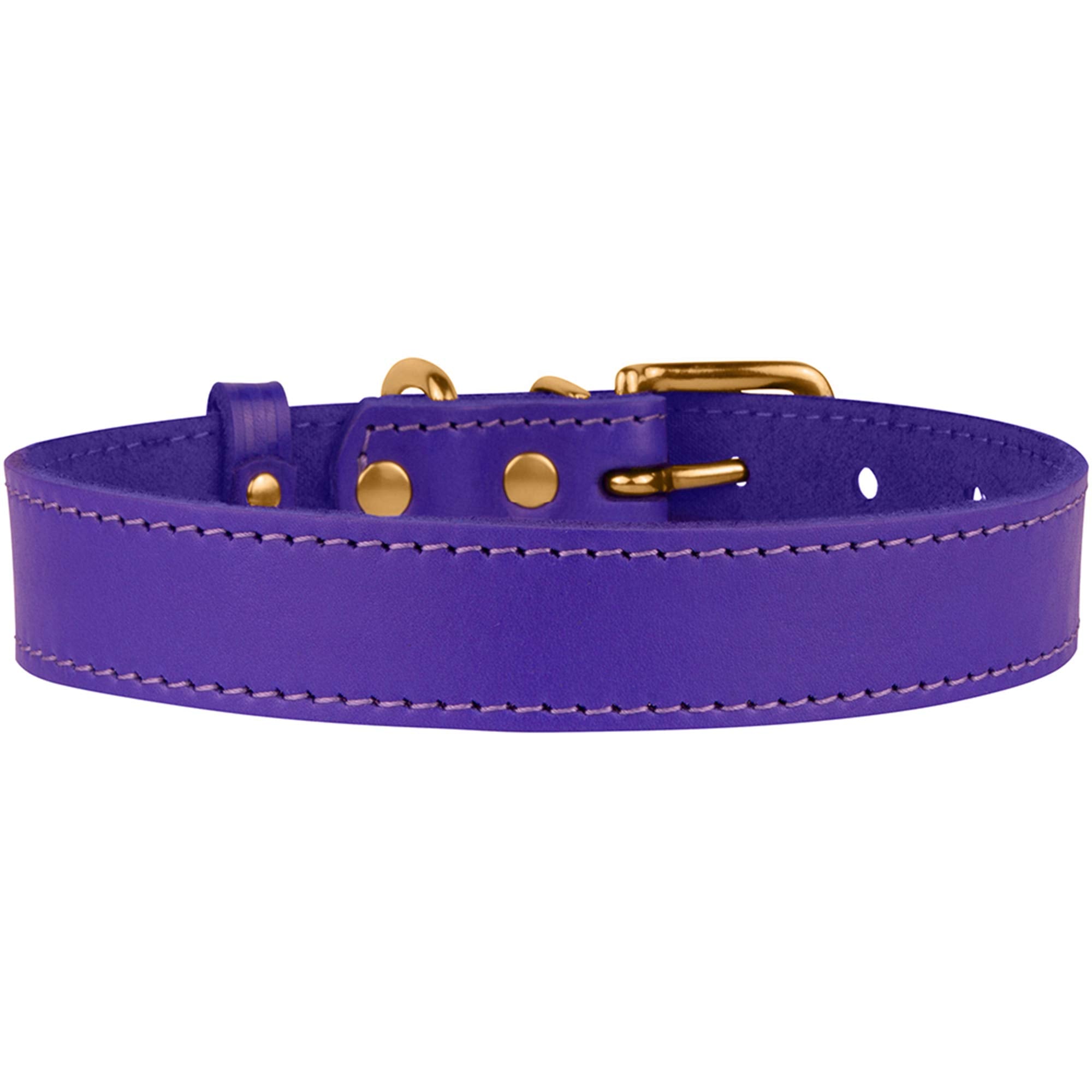 Bronzedog Leather Dog Collar With Metal Buckle Durable Basic Pet Collars For Small Medium Large Dogs (19-21 Inch (Pack Of 1), Purple & Gold Buckle)