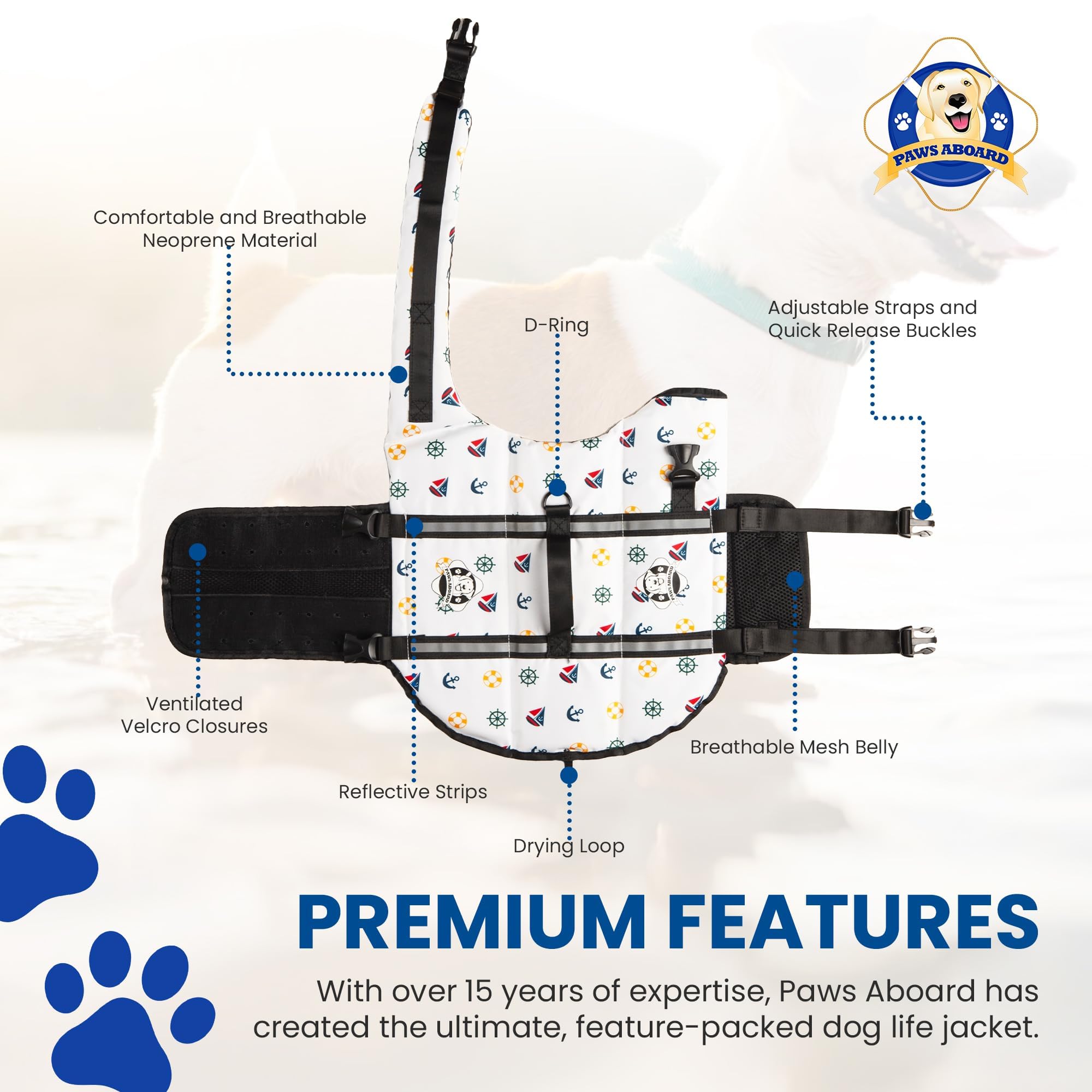 Paws Aboard Dog Life Jacket - Keep Your Canine Safe With A Neoprene Life Vest For Swimming And Boating - Available In Different Sizes, Color And Design To Choose - Nautical Dog, X-Small