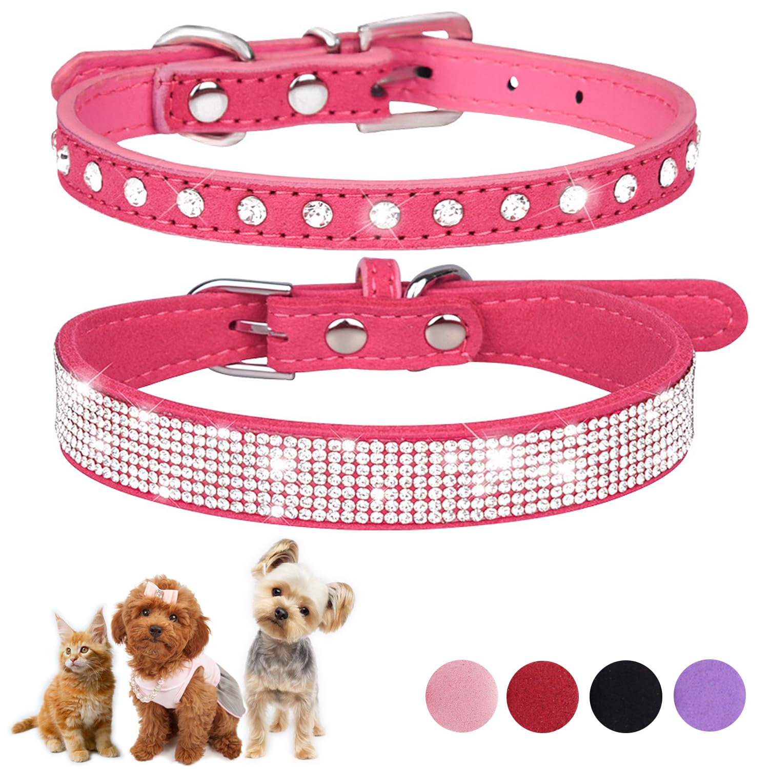 Hot Pink Sparkly Dog Collar Xs, 2-Pack Bling Diamond Cat Collar Soft Suede Glitter Rhinestone Jewelry Crystal Female Puppy Colla