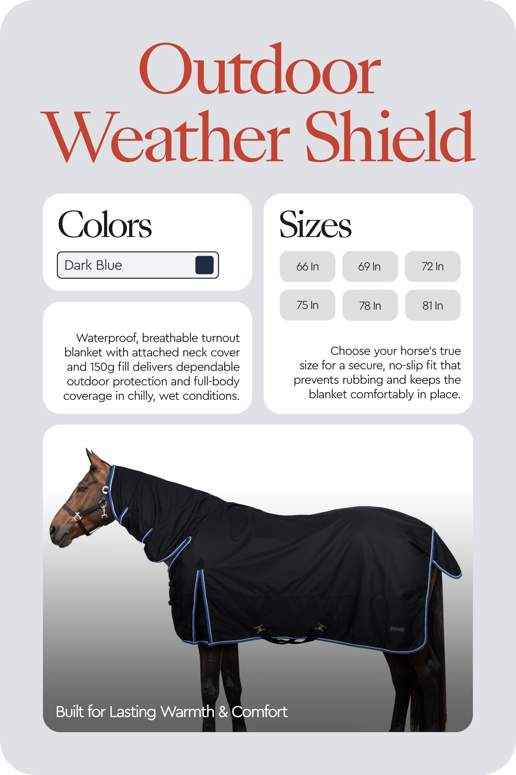 HORZE Glasgow Medium Weight Waterproof Combo Turnout Winter Horse Blanket with Neck Cover (150g Fill) - Dark Blue - 78 in