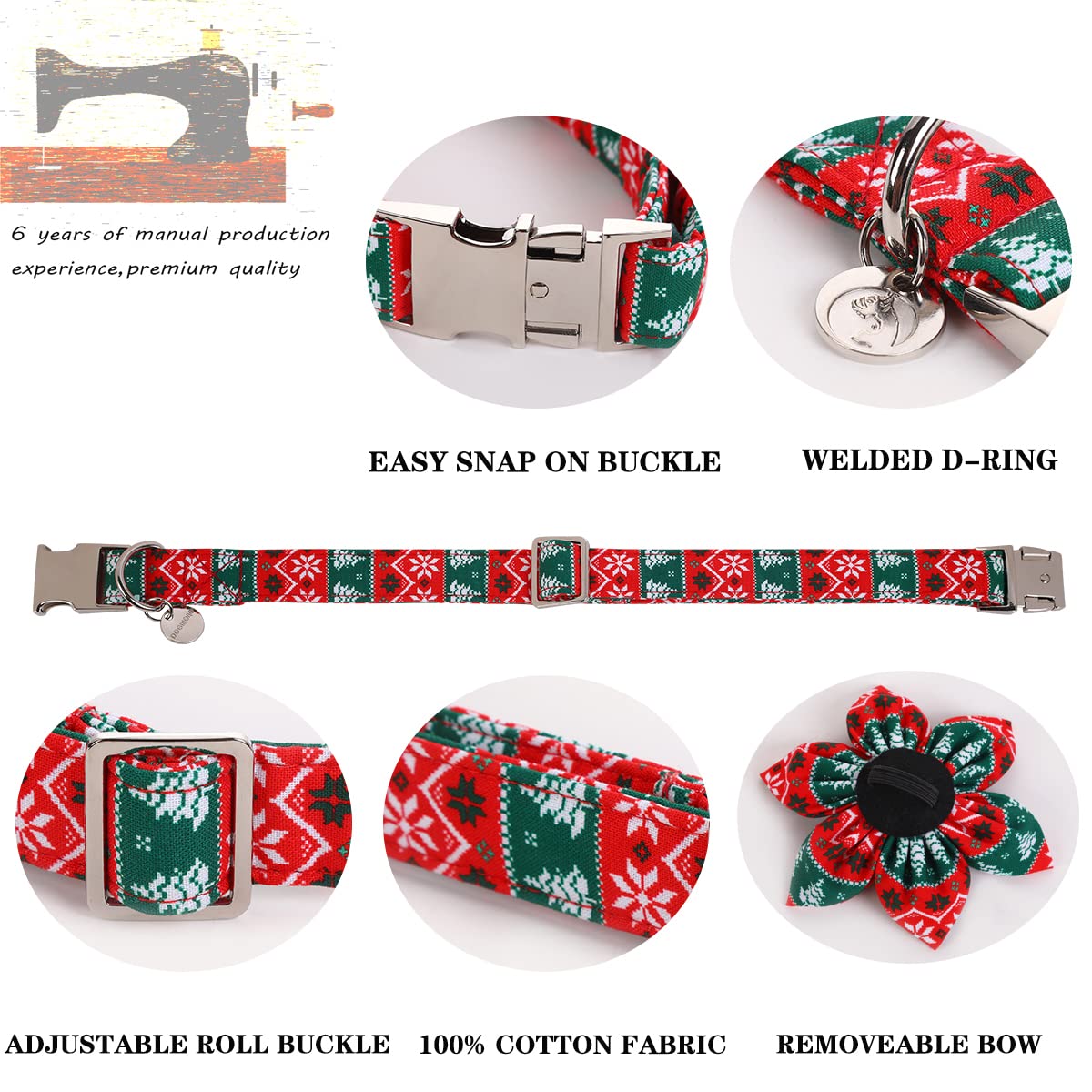 Dogwong Christmas Dog Collar With Flower, Red Green Strip Snowflake Dog Collar Soft Durable Adjustable Cotton Puppy Collar For S