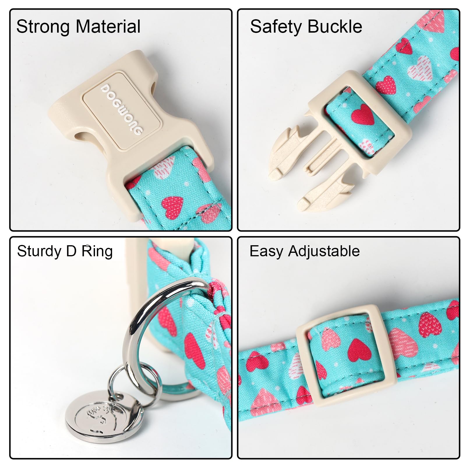 Dogwong Valentine'S Dog Collar - Blue Heart Adjustable Cotton Heart Dog Collar - Perfect For Extra Small, Small, Medium, Large D