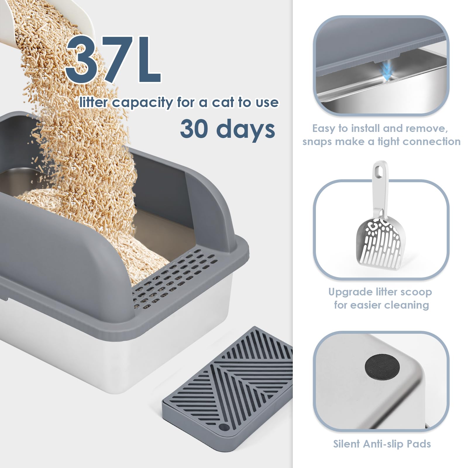 Suzzipaws Enclosed Stainless Steel Cat Litter Box With Lid Extra Large Litter Box For Big Cats Xl Metal Litter Pan Tray With High Wall Sides Enclosure, Non-Sticky, Anti-Leakage (Grey)