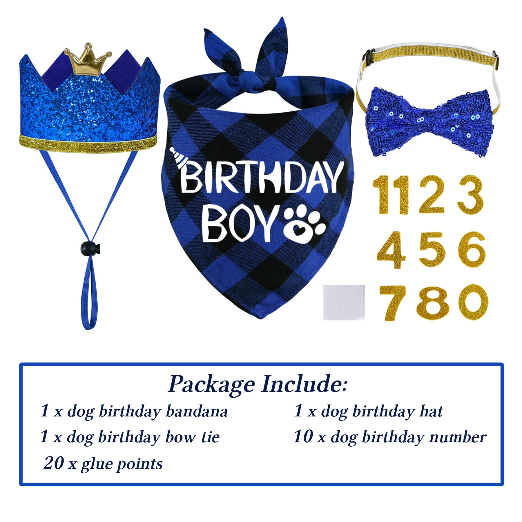 Stmk Dog Birthday Party Supplies, Multi Size Dog Birthday Hat With Numbers Bandana Bow Tie For Medium Large Dogs Pets (Blue, Lar