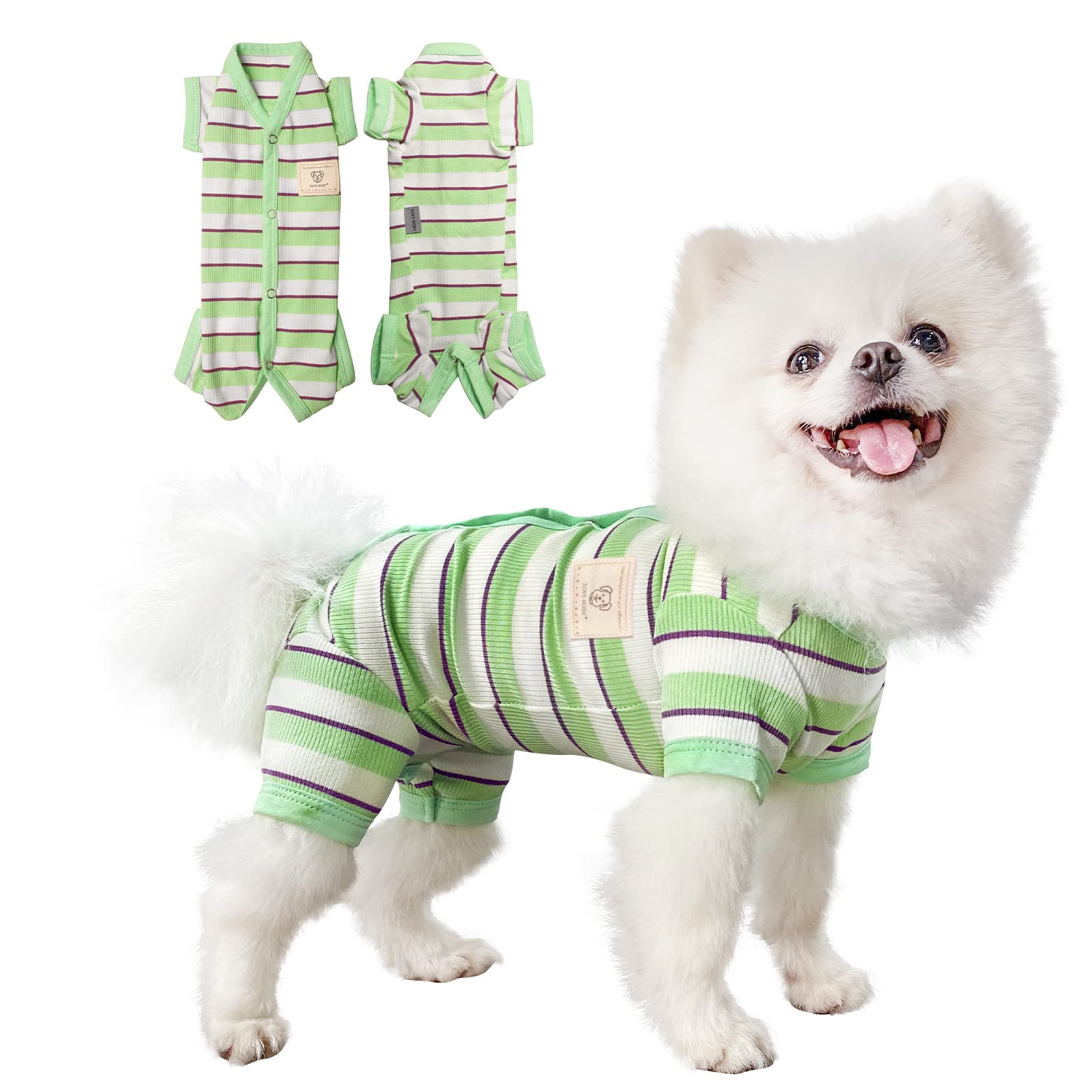 Tony Hoby Dog Jumpsuit 4 Legged Pajamas With Green Stripe, Female Dog Pajamas In Green, White For Small And Medium Size Dogs (Xl