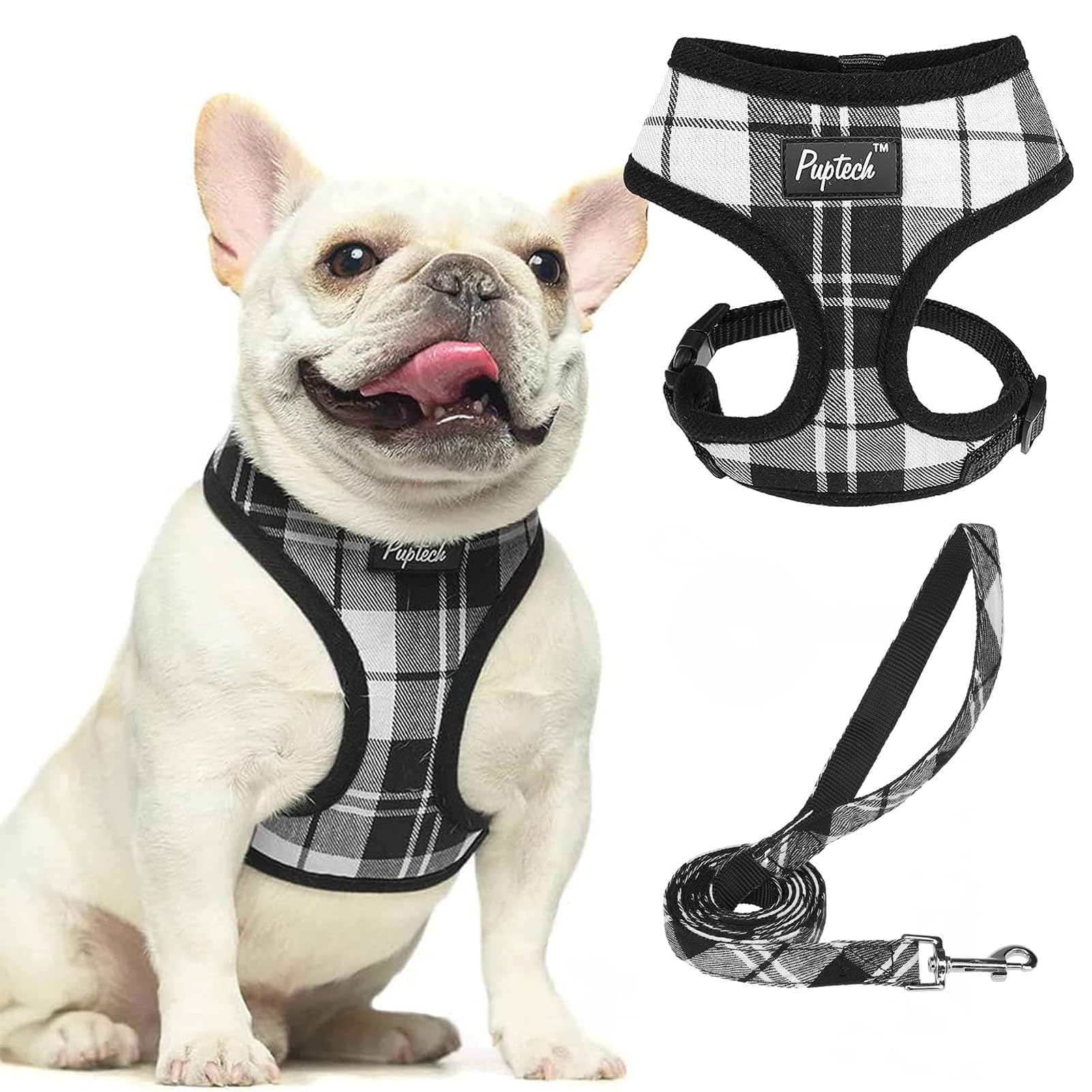 Pupteck Soft Mesh Dog Harness And Leash Set Pet Puppy Cat Comfort Padded Vest No Pull Harnesses, Black&White, L