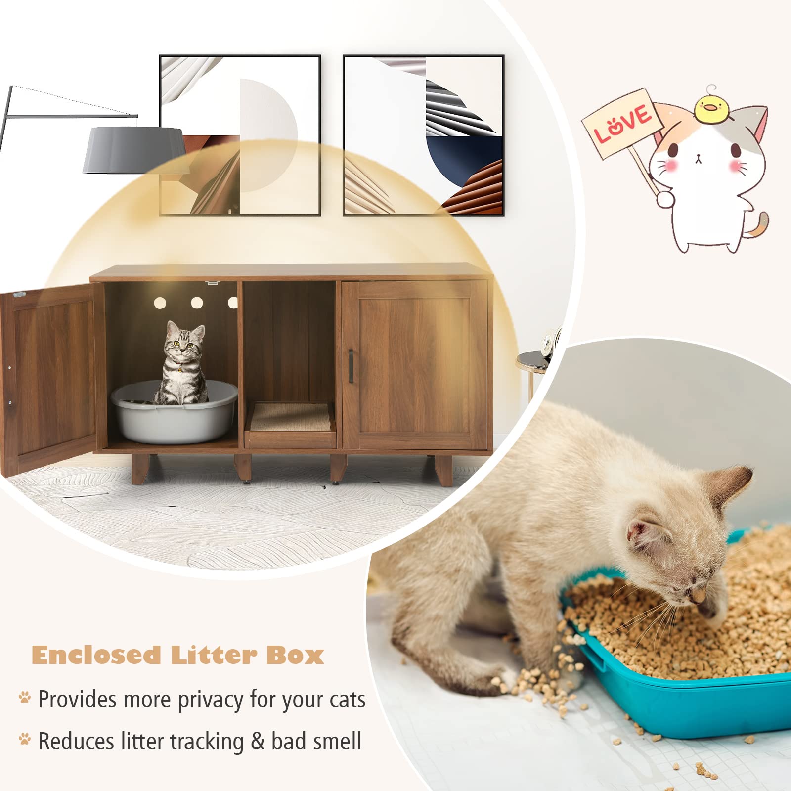 Tangkula Double Cat Litter Box Enclosure For 2 Cats, Large Stackable Hidden Privacy Cat Washroom Cabinet With Scratching Board, Indoor Cat House Tv Stand Side Table, Litter Box Furniture (Brown)