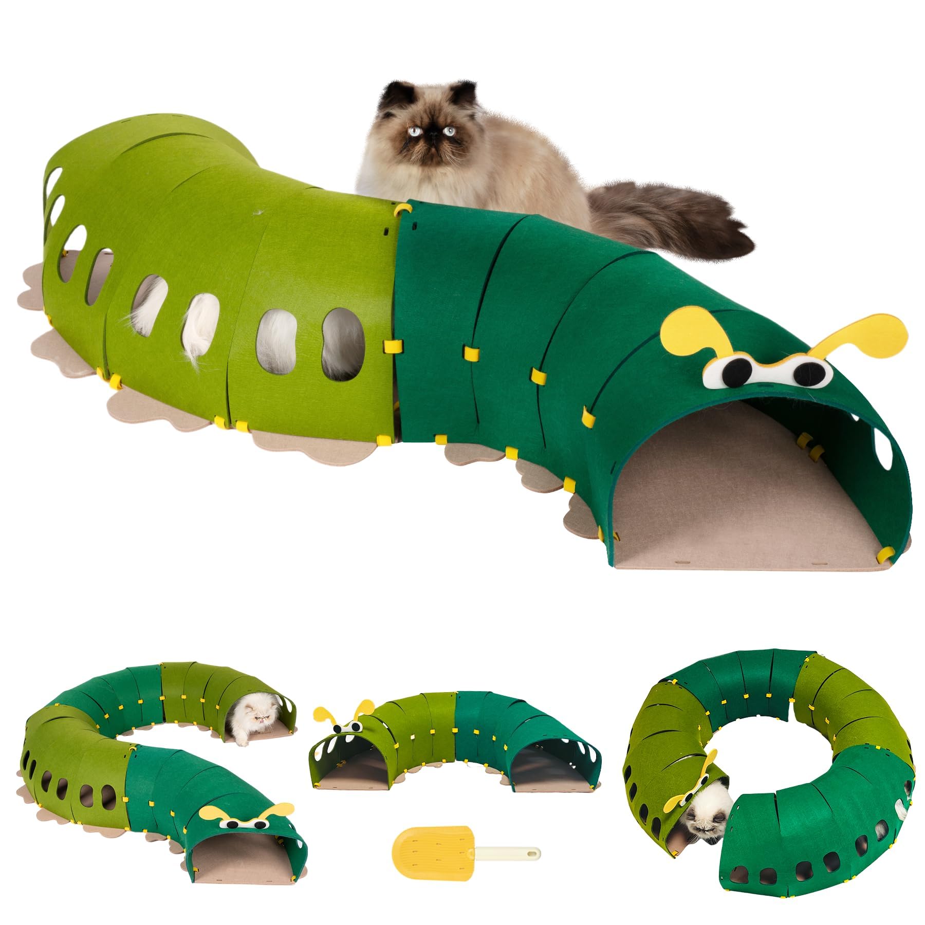 Cat Toy Tunnel, for All Indoor Cats, Large Caterpillar Pet Tunnel Bed, Hideout Washable Kitty Play Tube, Hideaway Collapsible Pu