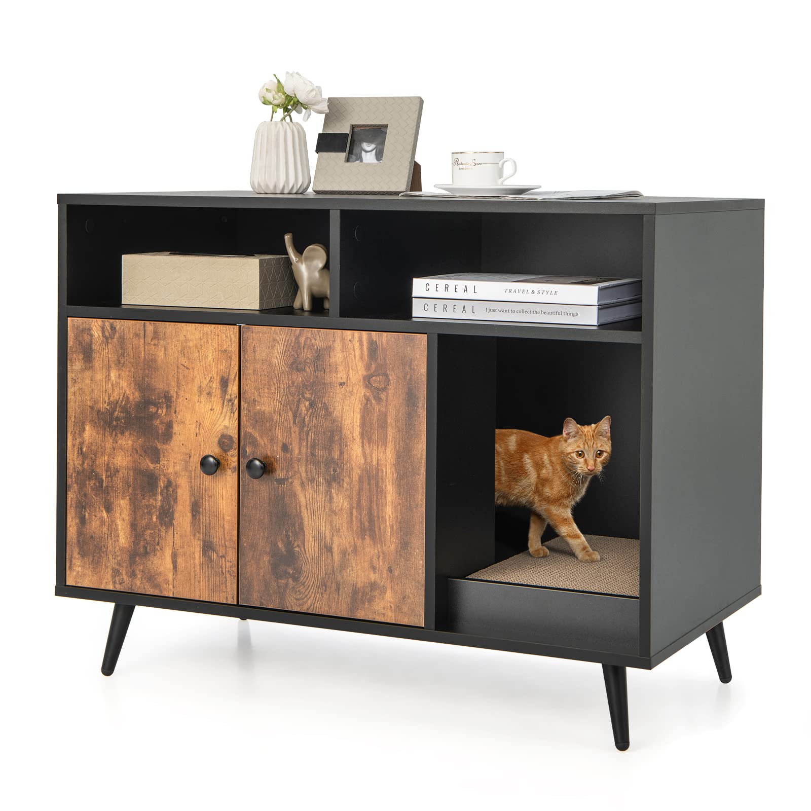Petsite Litter Box Enclosure, Wooden Cat Litter Box Furniture Hidden With Shelves & Scratching Pad, Kitty Large Litter Box Washroom Cabinet End Table