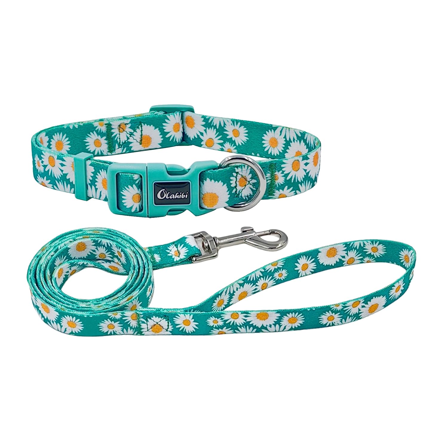 Olahibi Dog Collar And Leash Set, Cute Daisy Pattern, Polyester Material, 5Ft Leash, For Medium Dogs.(Medium,Green Daisy)
