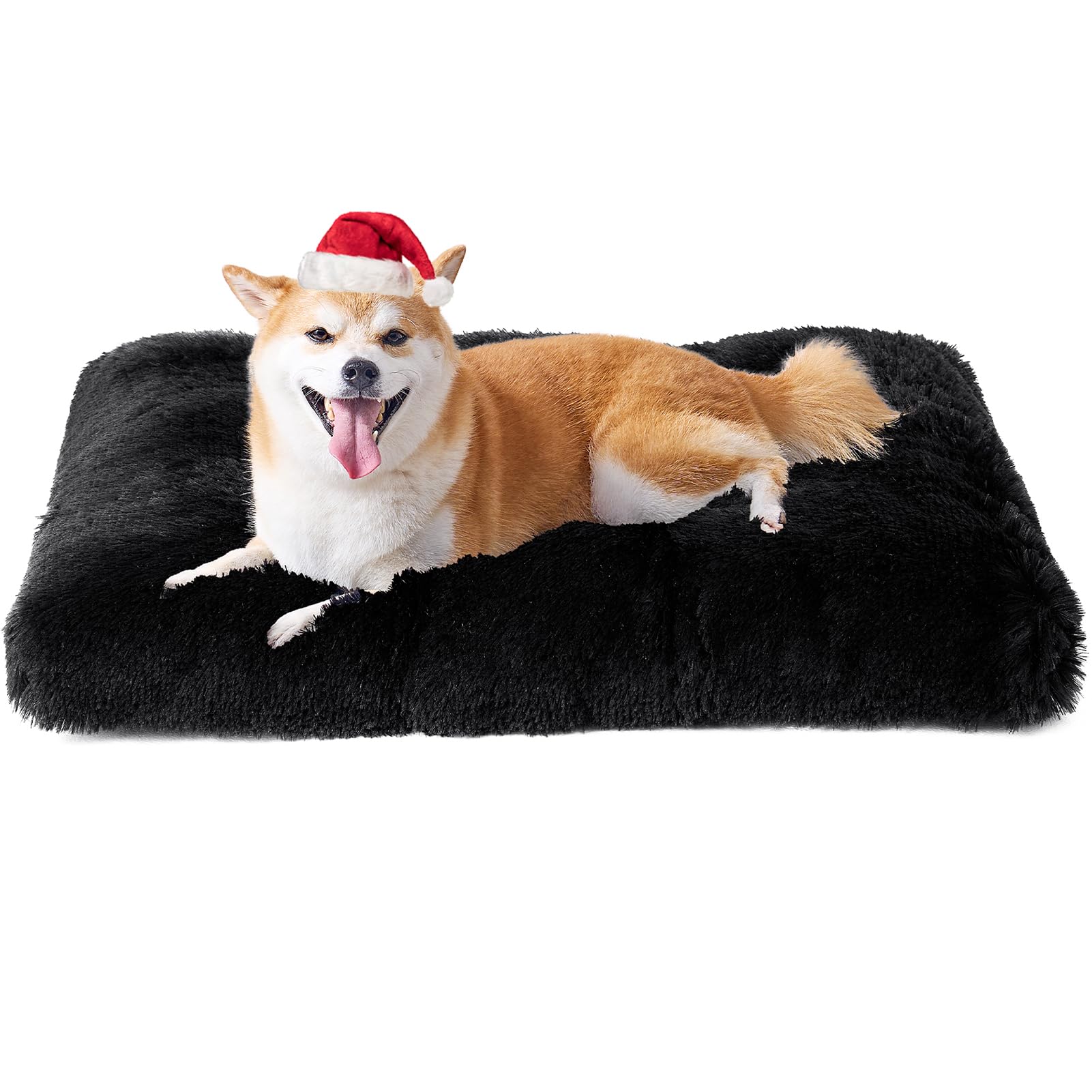 Eheyciga Fluffy Dog Crate Bed For Large Dogs, Plush Faux Fur Dog Crate Pad, Calming Anti Anxiety Large Dog Bed For Crate, Washable Soft Warm Dog Crate Mat With Non-Slip Bottom, Black