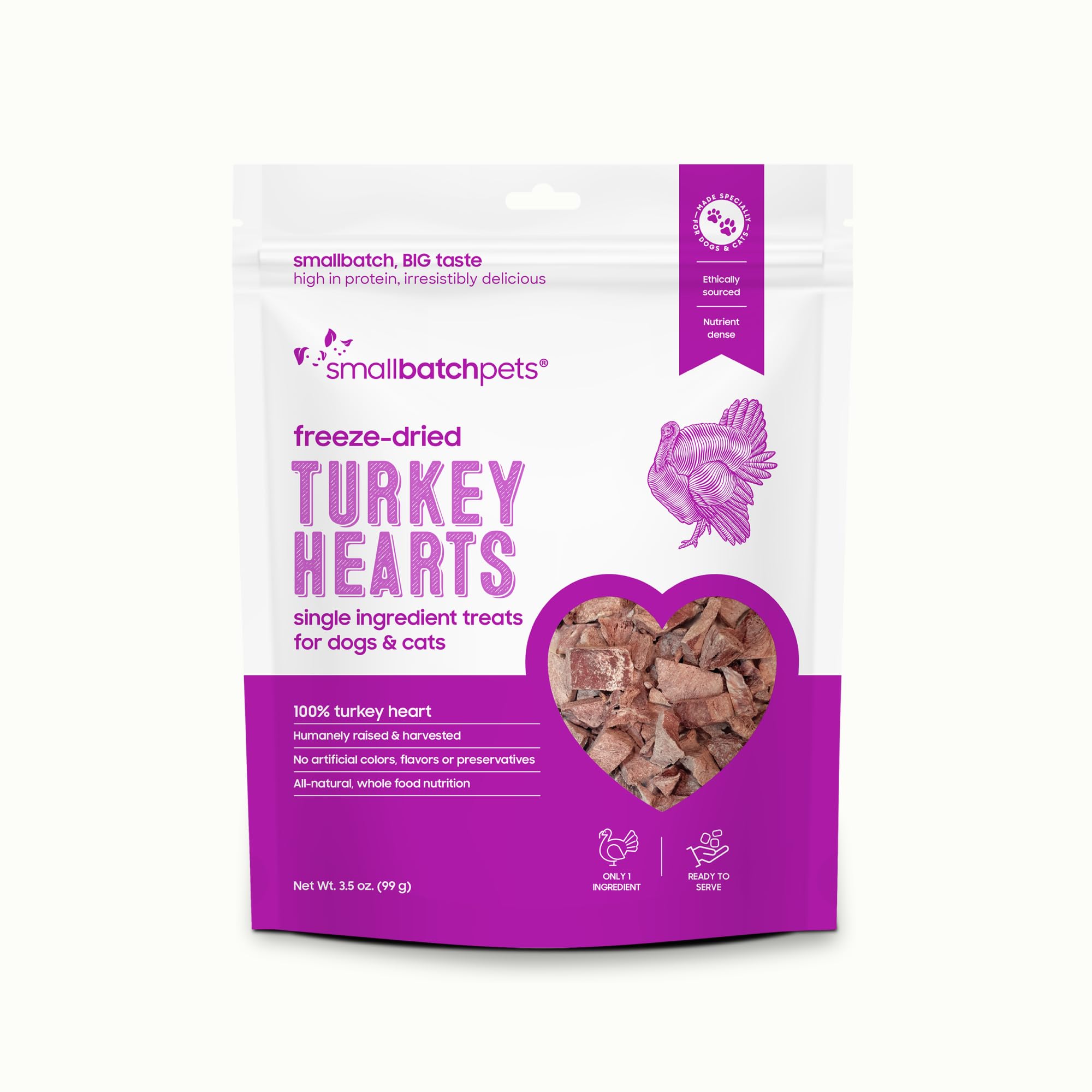 smallbatch Pets Premium Freeze-Dried Turkey Heart Treats for Dogs and Cats, 3.5 oz, Made and Sourced in The USA, Single Ingredie