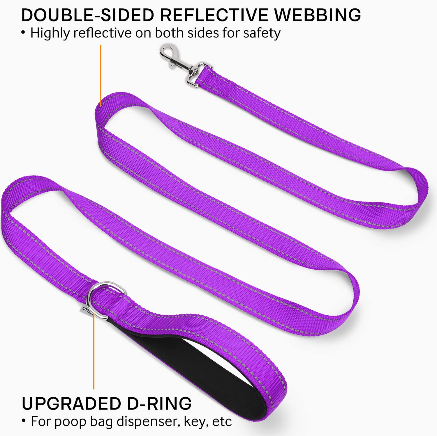Joytale Double-Sided Reflective Dog Leash, 6 Ft/5 Ft/4 Ft, Padded Handle Nylon Dogs Leashes For Medium & Large Dogs Walking, Purple, 6Ft