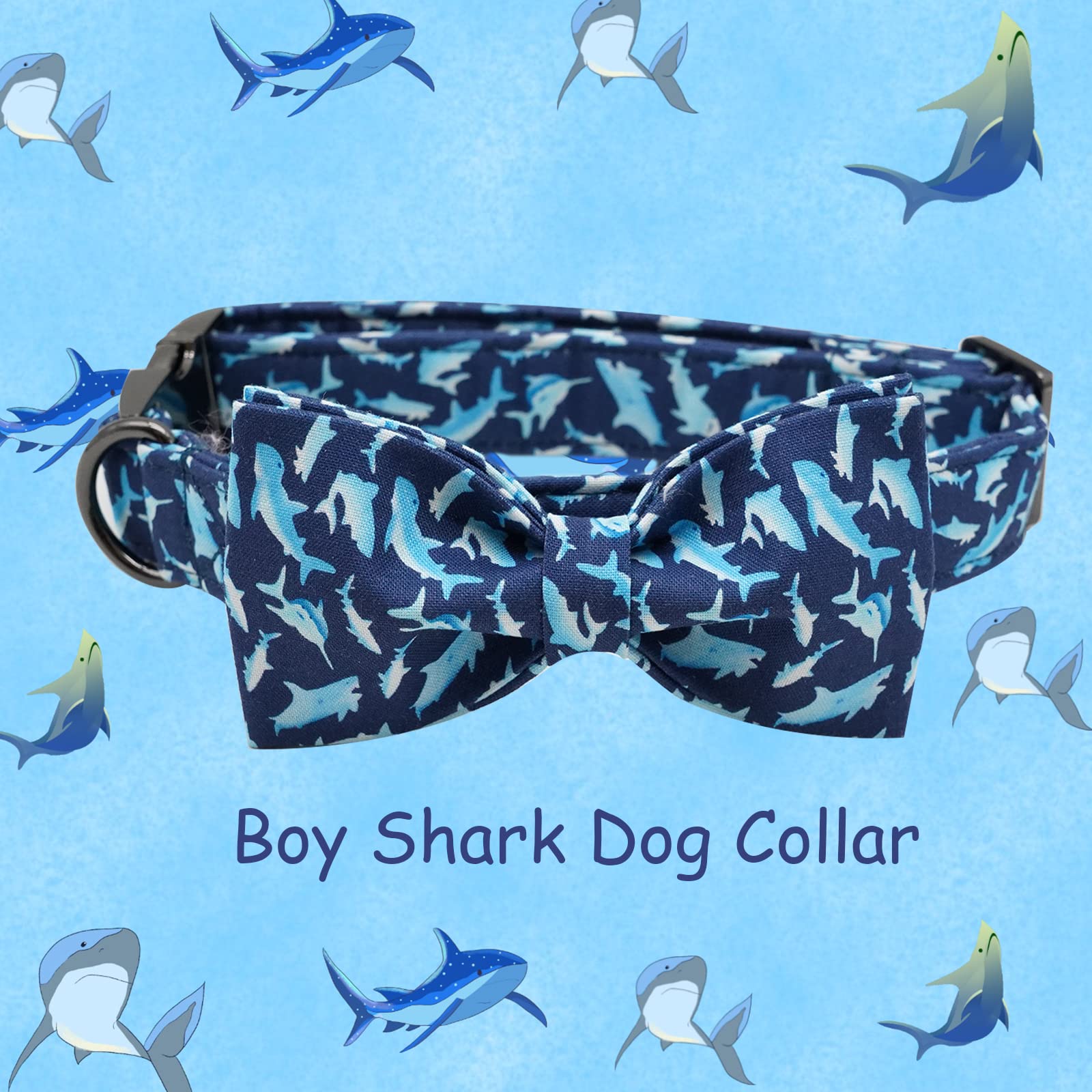 Elegant Little Tail Dog Collar With Bow, Shark Print Adjustable Dog Collar Cute Bowtie Dog Collar Boy Pet Collar For X-Large Dogs