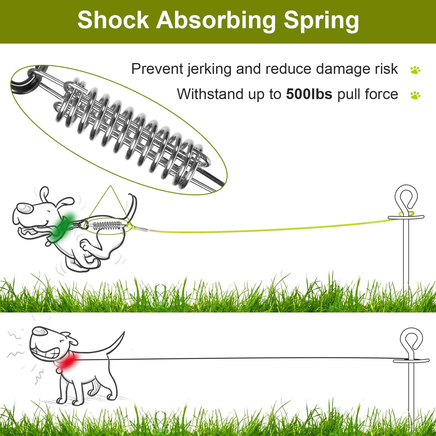 Tresbro 20Ft Dog Tie Out Cable, Heavy Duty Dog Chains For Outside With Spring Swivel Lockable Hook, Pet Runner Cable Leads For Yard, Green Dog Line Tether For Small Medium Large Dogs Up To 500 Lbs