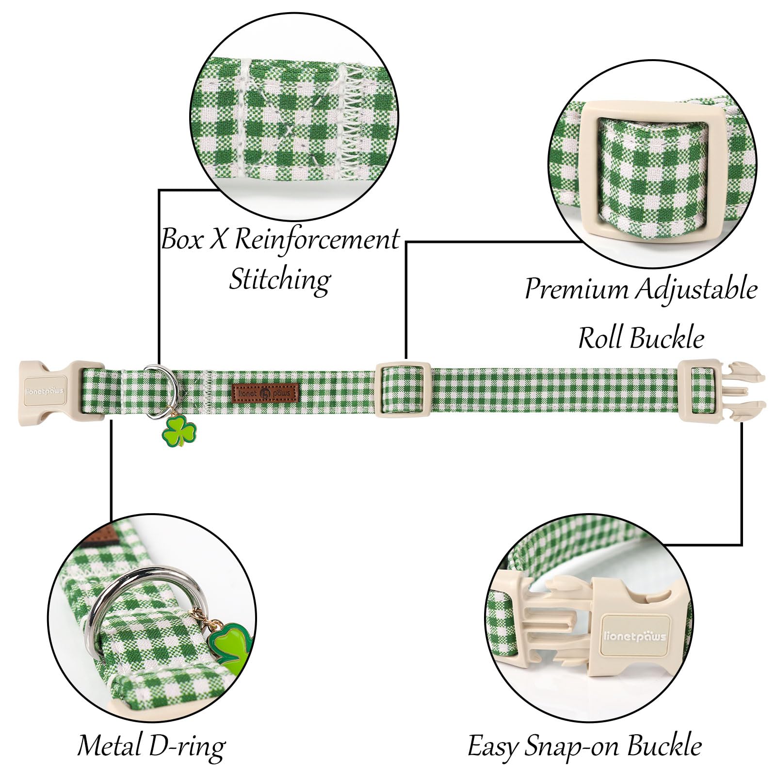 Lionet Paws St. Patrick Dog Collar, Comfortable Adjustable Green Collar With Green And White Grid Pattern For X-Large Male Femal