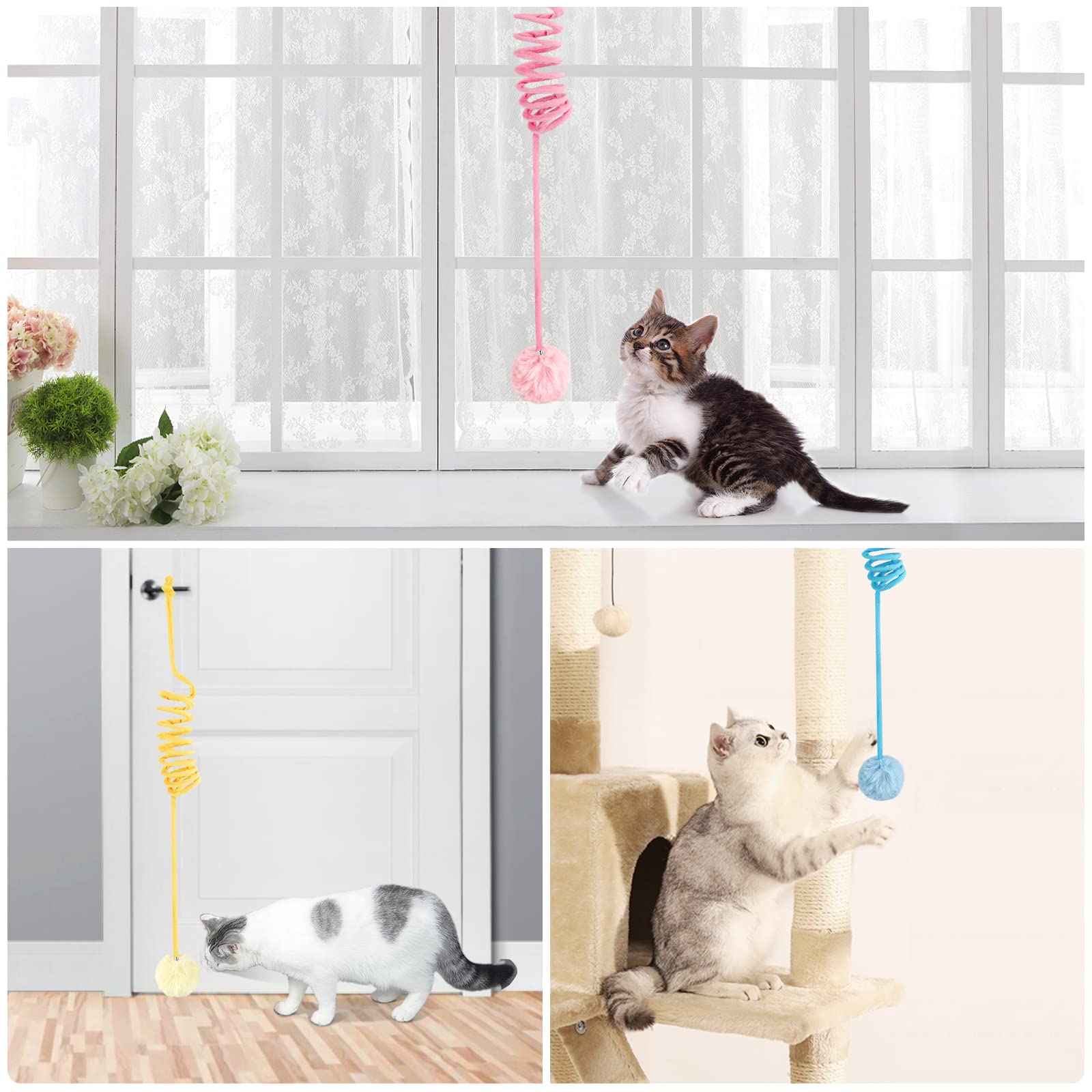 WONOWPA Cat Spring Toys - 3 Pack Soft Plush Interactive Toys with Bell for Indoor Cats and Kittens, Cotton Material
