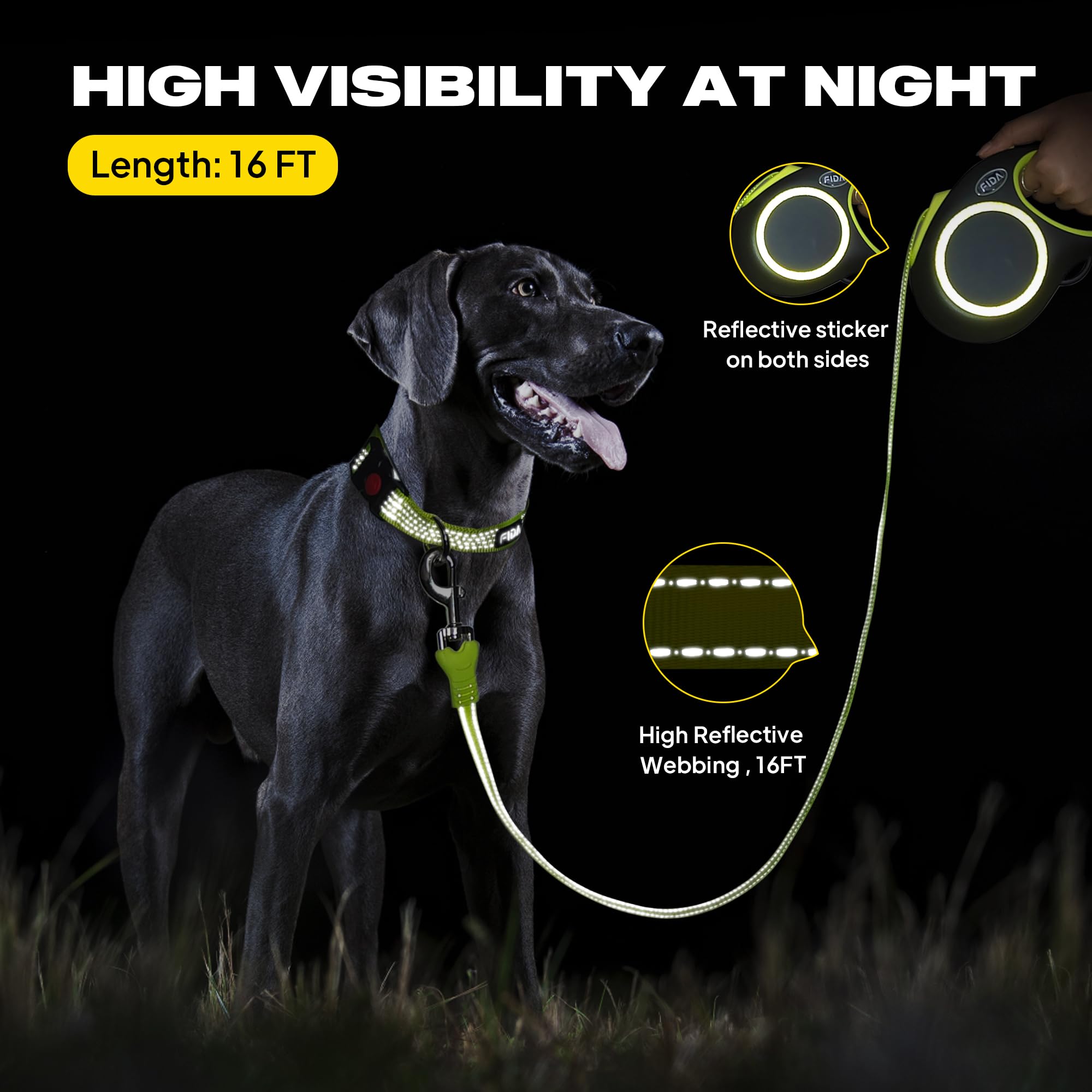 Fida Retractable Dog Leash, Reflective 16Ft Heavy Duty Pet Walking Leash For Small/Medium Dog Up To 26 Lbs, Tangle Free. One-Hand Brake (Small, Neon Yellow)