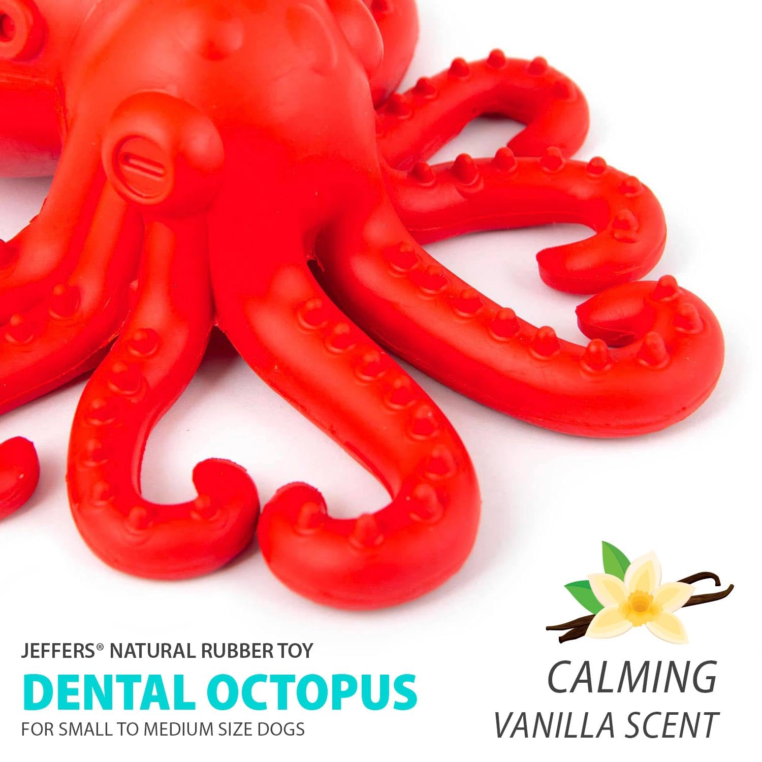 Jeffers Pet Natural Rubber Dog Chew Toy - Red Octopus, Medium - Treat Dispensing, Vanilla Scent, Durable, Non-Toxic, Dishwasher