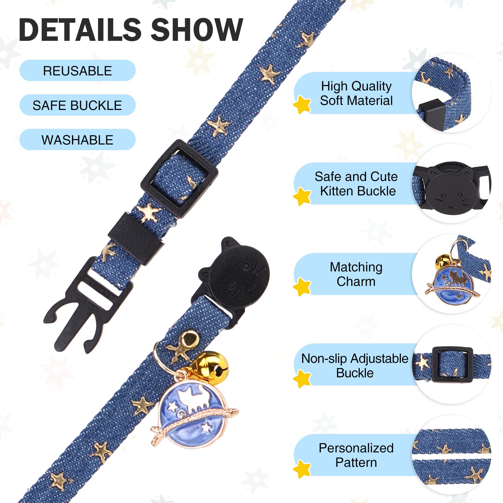 Dillybud 3 Pack Breakaway Cat Collars With Bell- Moon And Stars Pendant Cat Collar For Girl Boy Cats With Safety Buckle- Cute Ki