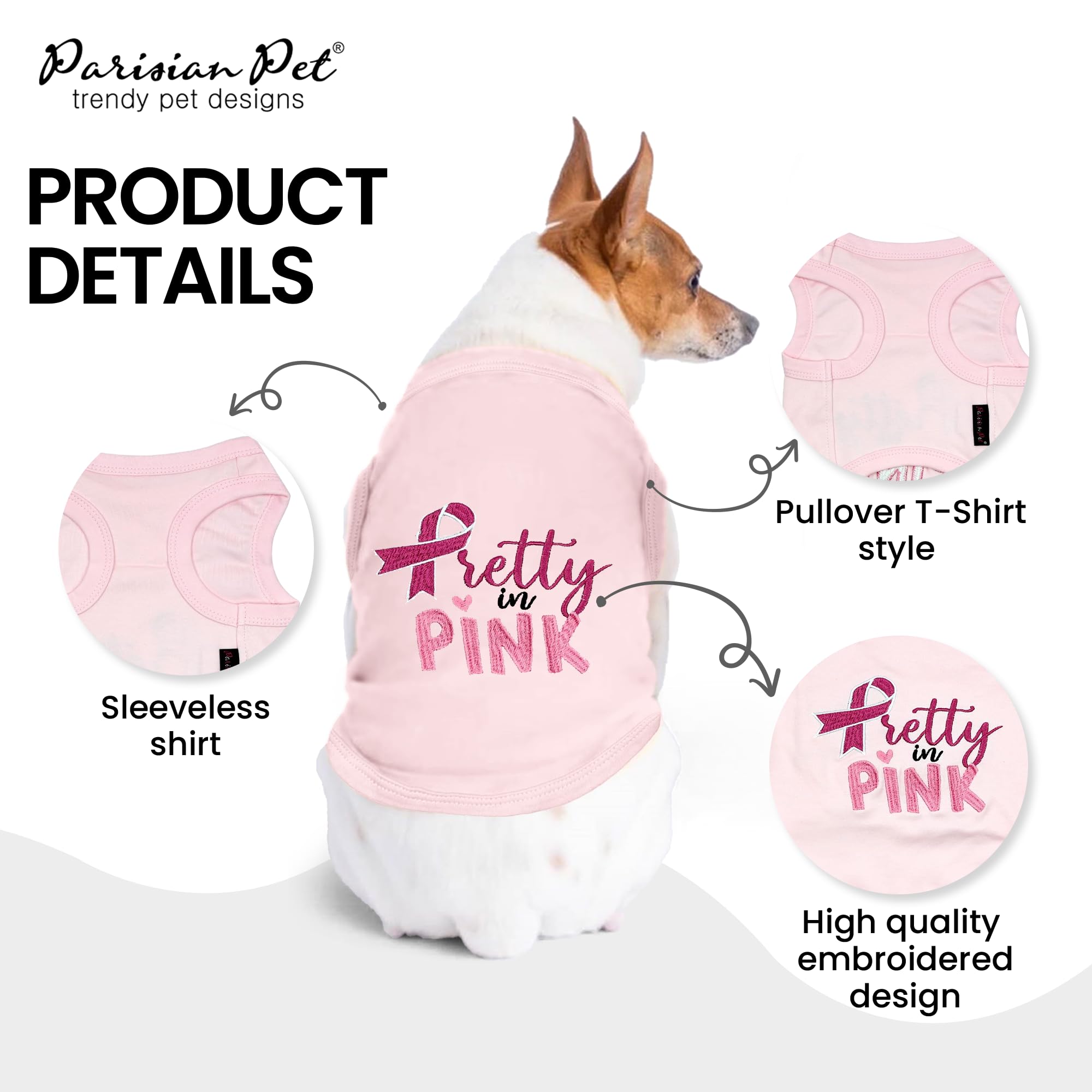 Parisian Pet Dog Tshirt - Embroidered “ Pretty In Pink “ Girl Dog Shirt - Breathable And Lightweight Dog Clothes - Sleeveless Dog Tee Shirts - Machine Washable Dog Shirt For Large Dogs - L
