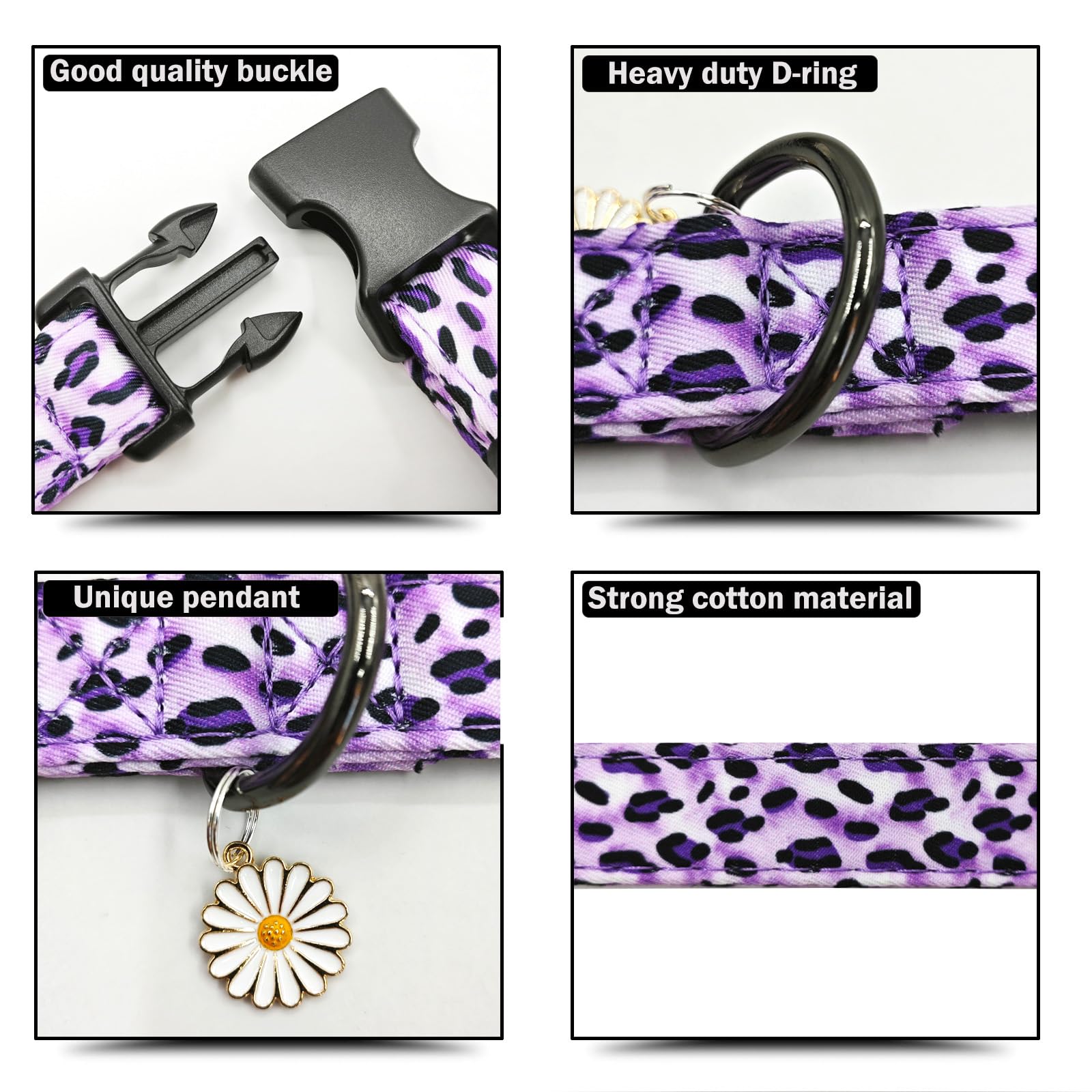 Leopard Patterns Dog Collar With Pendant, Durable And Soft Cotton Dog Collars For Small Large Female And Male Dogs Pets (Purple