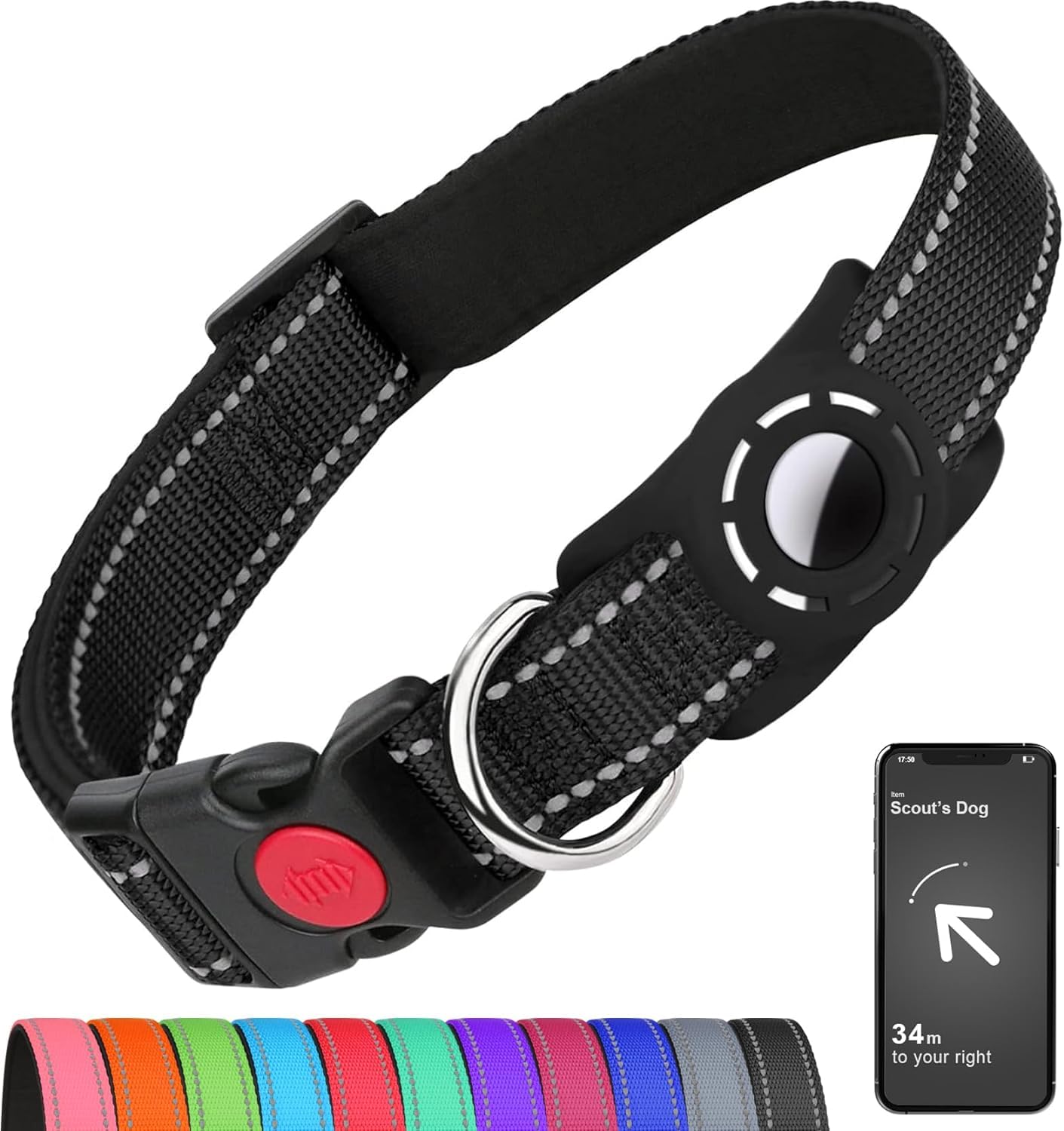 Erbine Airtag Dog Collar For Large Dogs, Reflective Dog Collars With Airtag Holder, Soft Padded & Safety Locking Buckle, Nylon Pet Collar Adjustable For All Breeds, Black