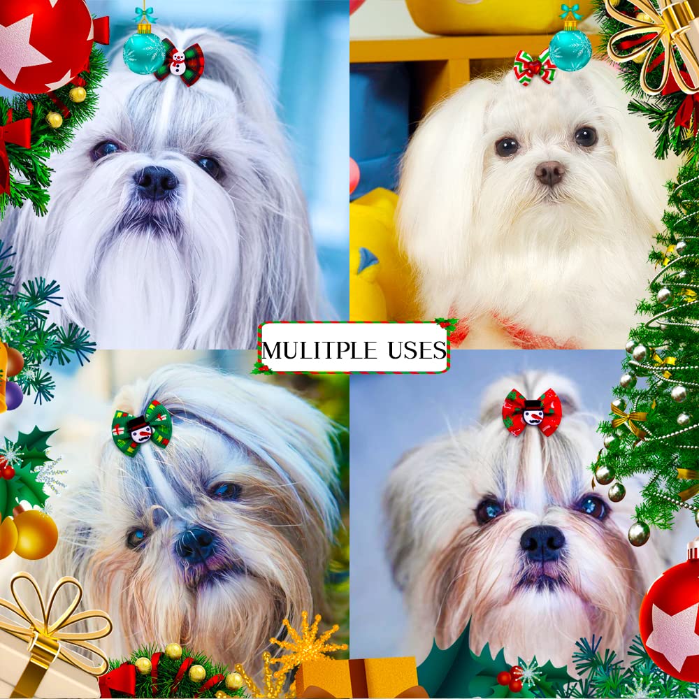 Masue Pets 20Pcs/Pack Dog Hair Bows For Christmas With Rubber Bands Dog Bows Bowknot Snowman Snowflakes Christmas Dog Bows Snowman Dog Topknot Bows Pet Grooming Products