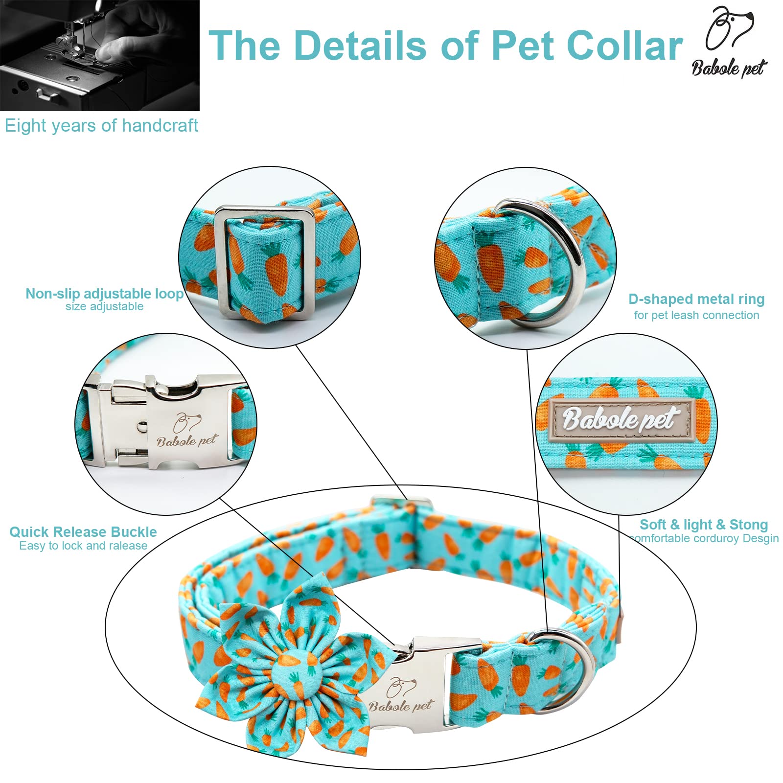 Babole Pet Dog Collar Easter Gift With Flower Tie,Carrot Male Dog Collar With Safety Metal Buckle Adjustable Puppy Collars For Small Medium Large Boy & Girl Dog,M-Neck 13.5'-22'