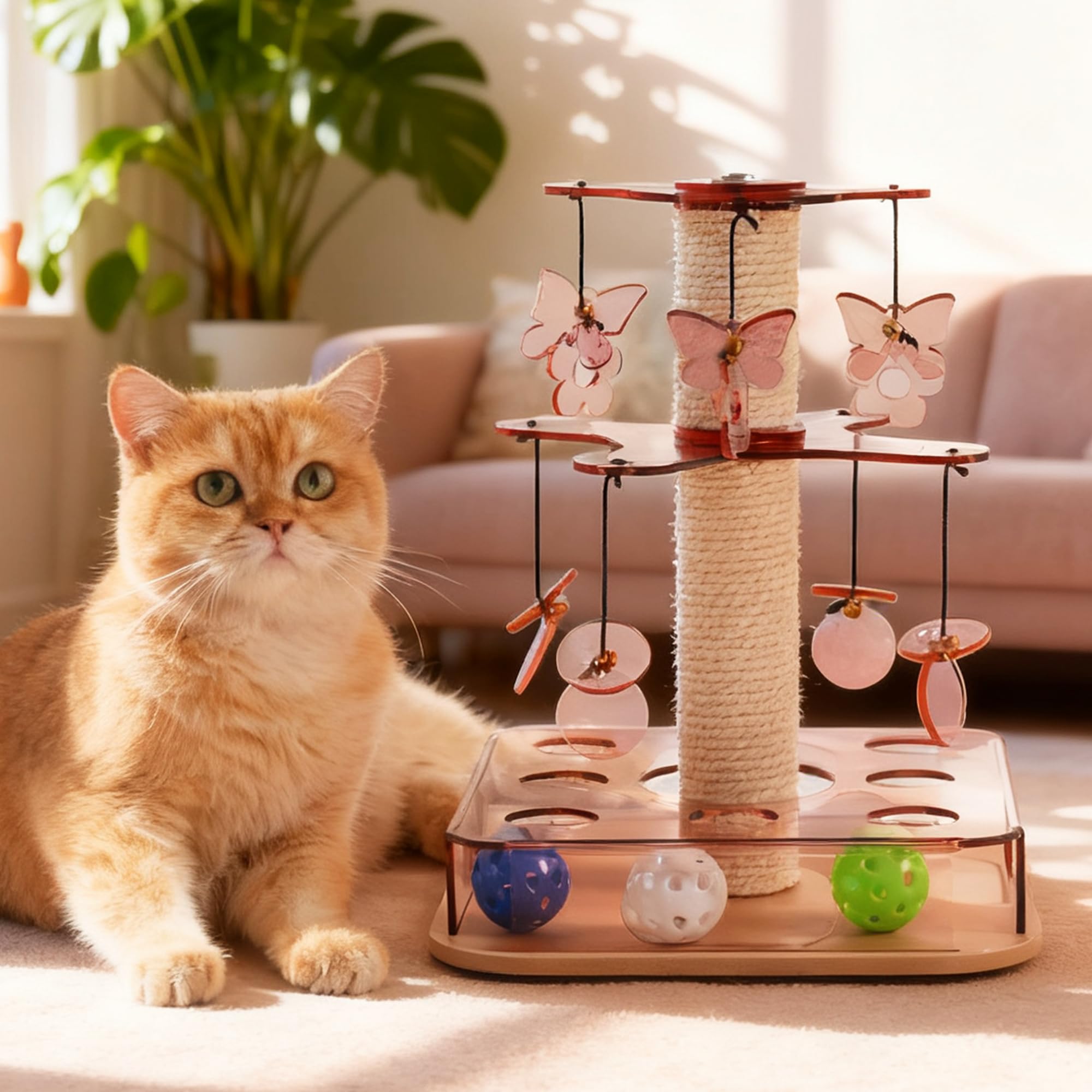 Kicari Modern 3-in-1 Interactive Cat Toy with Scratching Post, Cat Puzzle Toys for Indoor Cats with Colorful Jingle Balls, 2-Lay