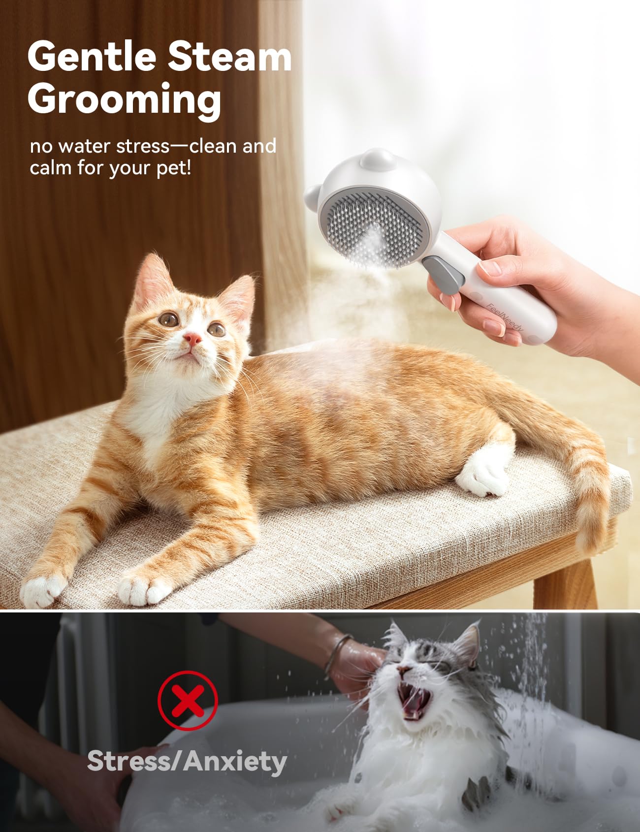 Cat Steam Brush, Brushes for Indoor Cats with Release Button, Dual Speed Spray USB Rechargeable Grooming Supplies, Cat Brush for