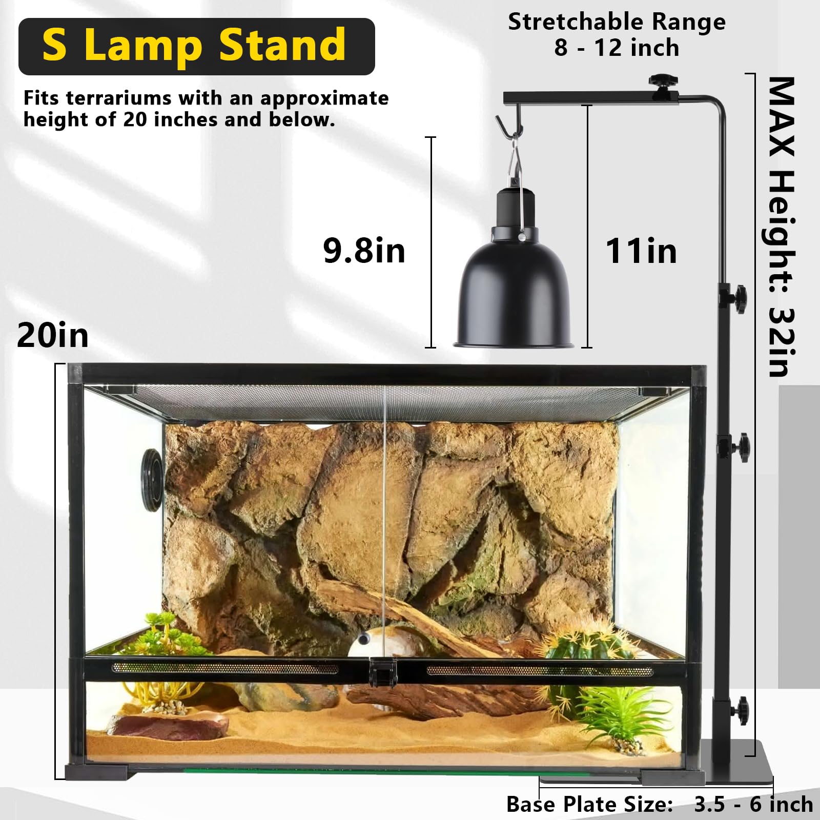 Lucky Herp Reptile Lamp Stand, Adjustable 14-32 Inch Metal Floor Light Holder, Heat Lamp Stand Reptile Light Stand For Glass Ter