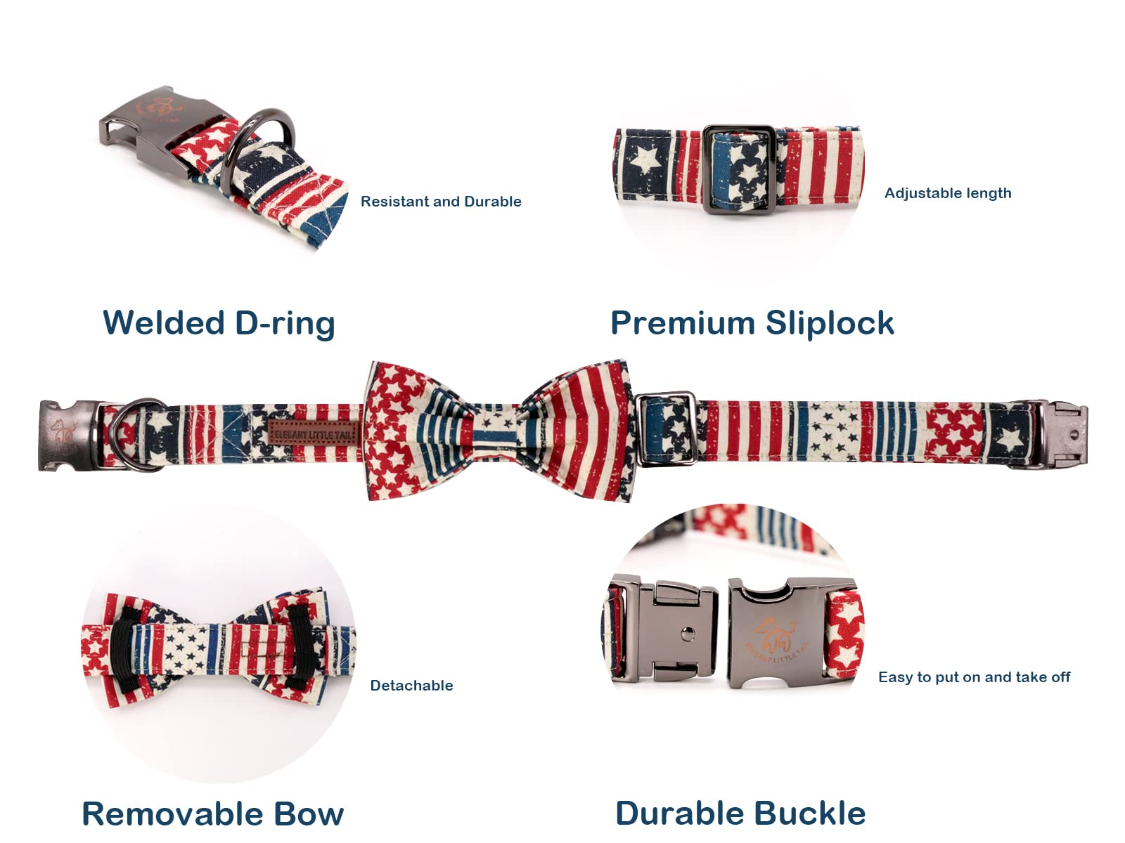 Elegant Little Tail X-Small American Flag Bowtie Dog Collar, Durable Cotton Construction, Reinforced Stitching And Hardware