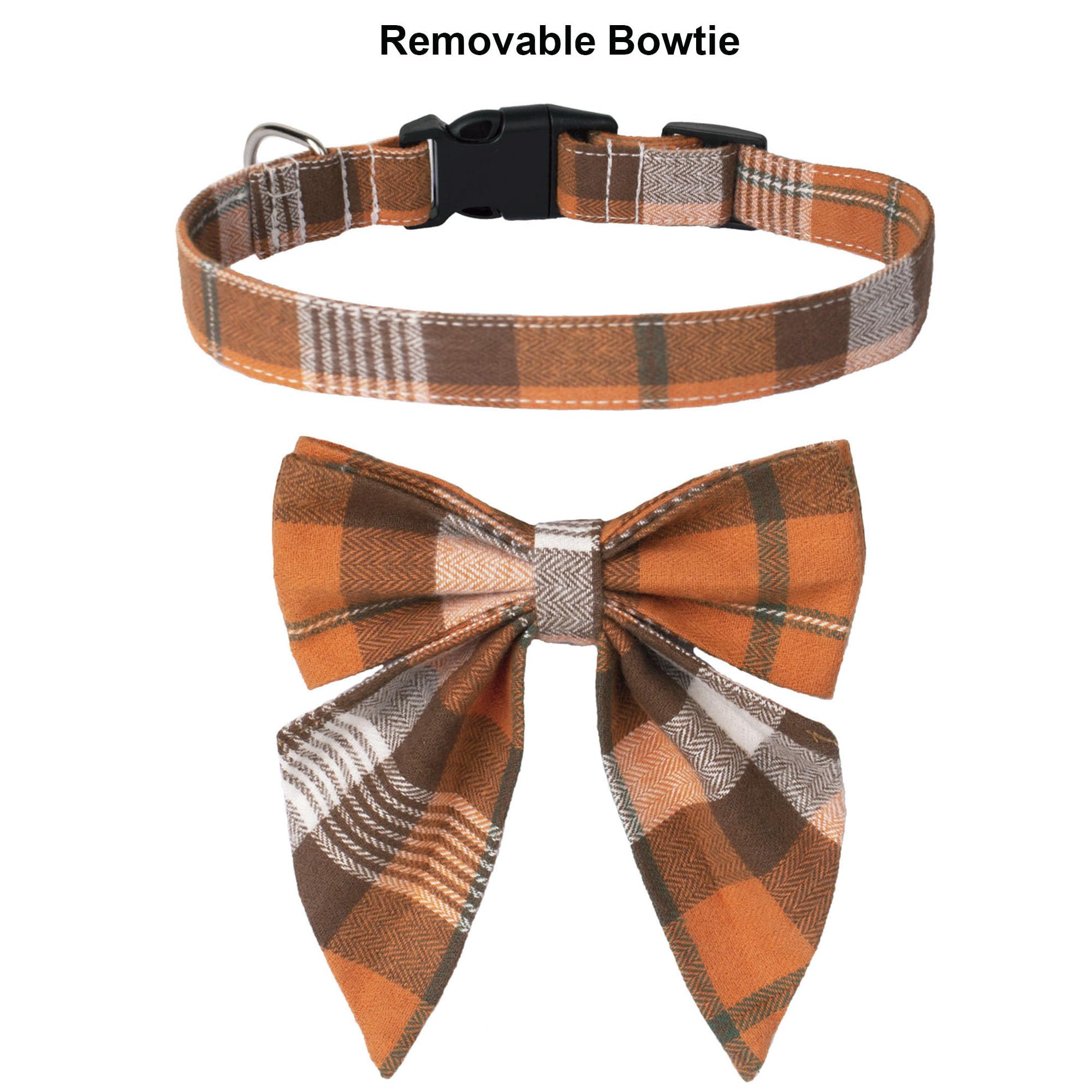 Adoggygo Fall Dog Collar With Leash, Halloween Thanksgiving Dog Bowtie Collar, Adjustable Orange Plaid Dog Fall Collar Leash For Small Medium Large Dogs Pets (Large)