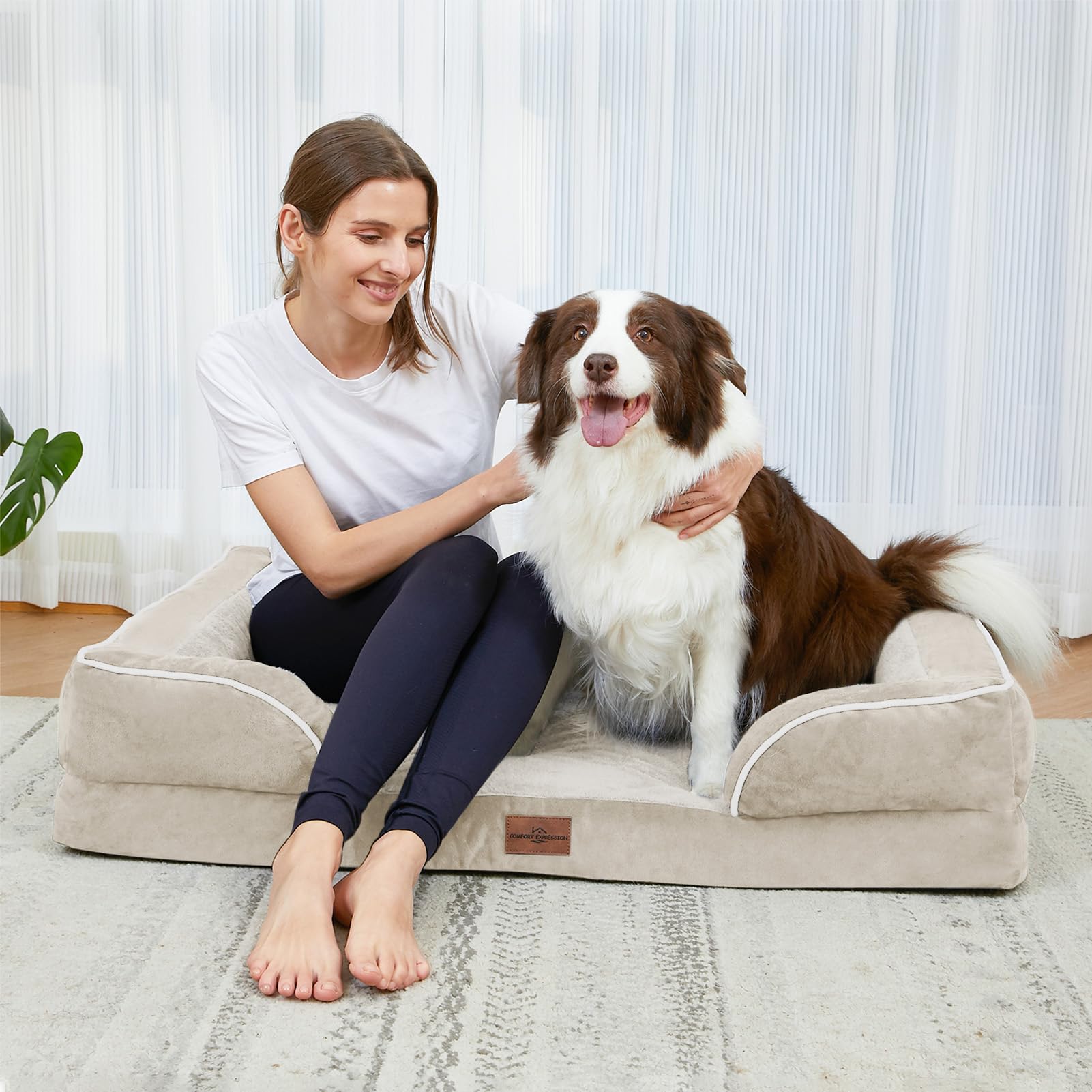 Comfort Expression Waterproof Dog Beds For Large Breed Dogs, Large Dog Beds Orthopedic Foam, Comfy Pet Bed Sofa With Washable Removable Cover & Non-Slip Bottom(Large,Beige)
