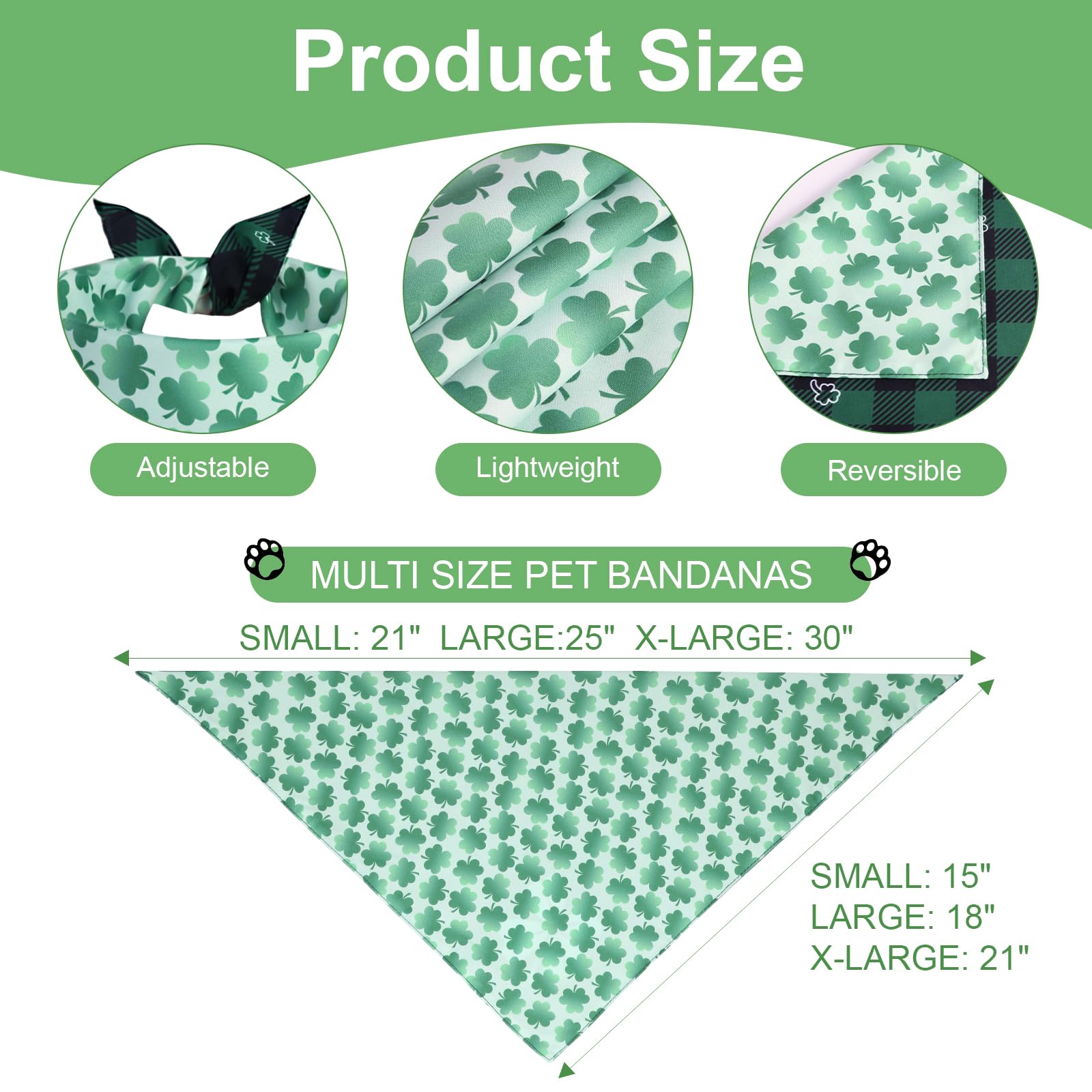 QUQULE St. Patrick's Day Dog Bandana XLarge 1PCS, Green Scarf for Boy and Girl, Durable Triangle Reversible Bibs Handkerchief fo