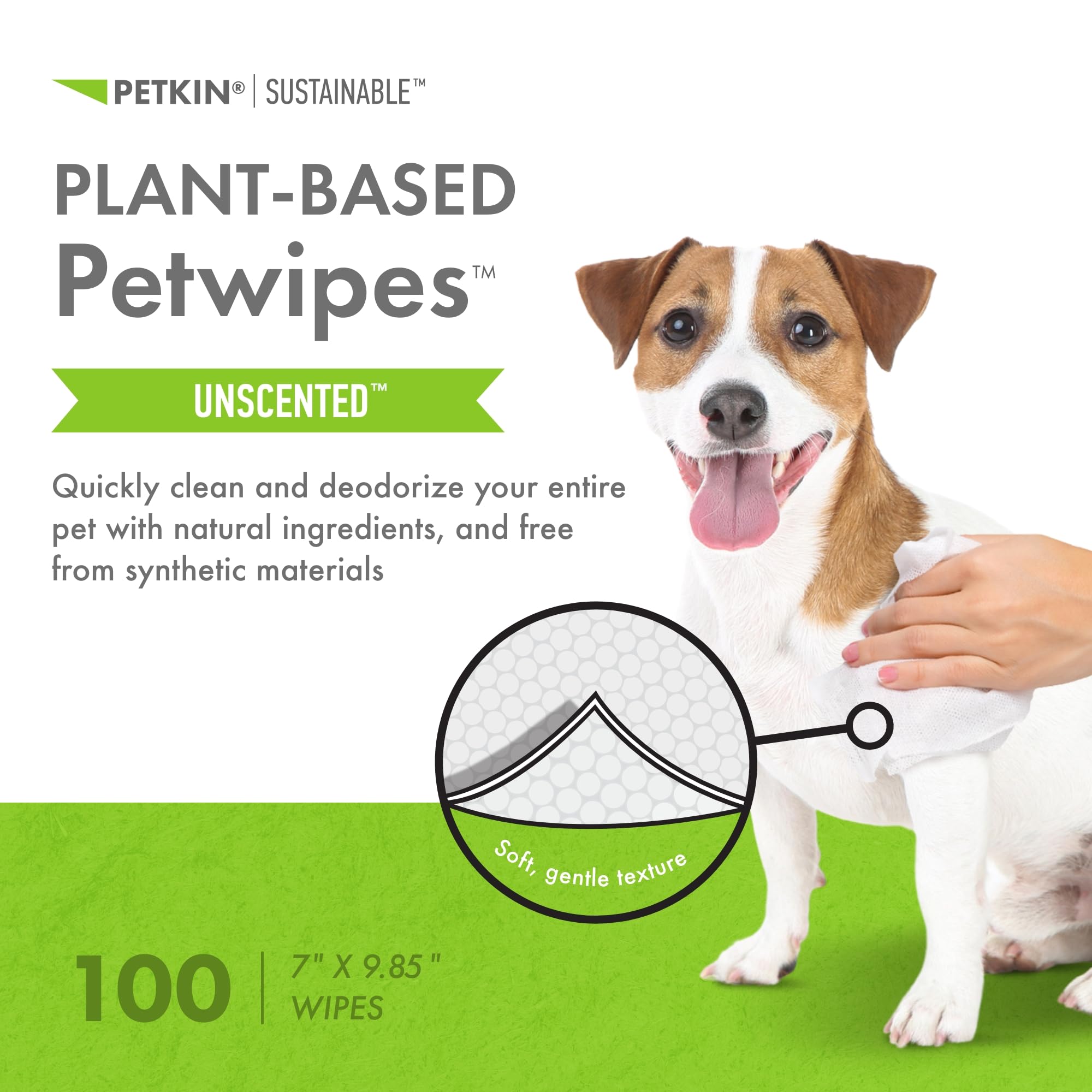 Petkin Plant-Based Pet Wipes - Unscented, 100 Count, Biobased, Thick Wipes for Dogs & Cats - Cleans Face, Paws, Ears, Body, Eye