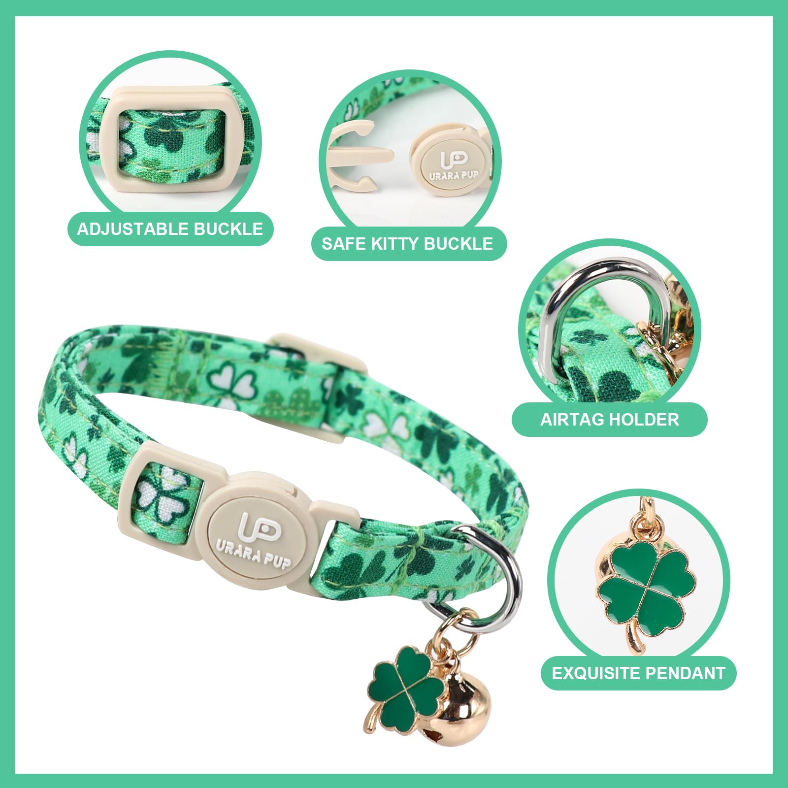 Up Urara Pup Cat Collar,2Pack St.Patrick'S Day Cat Collars Cute Breakaway Kitty Collars,Spring Green Shamrock Cat Collar With Be