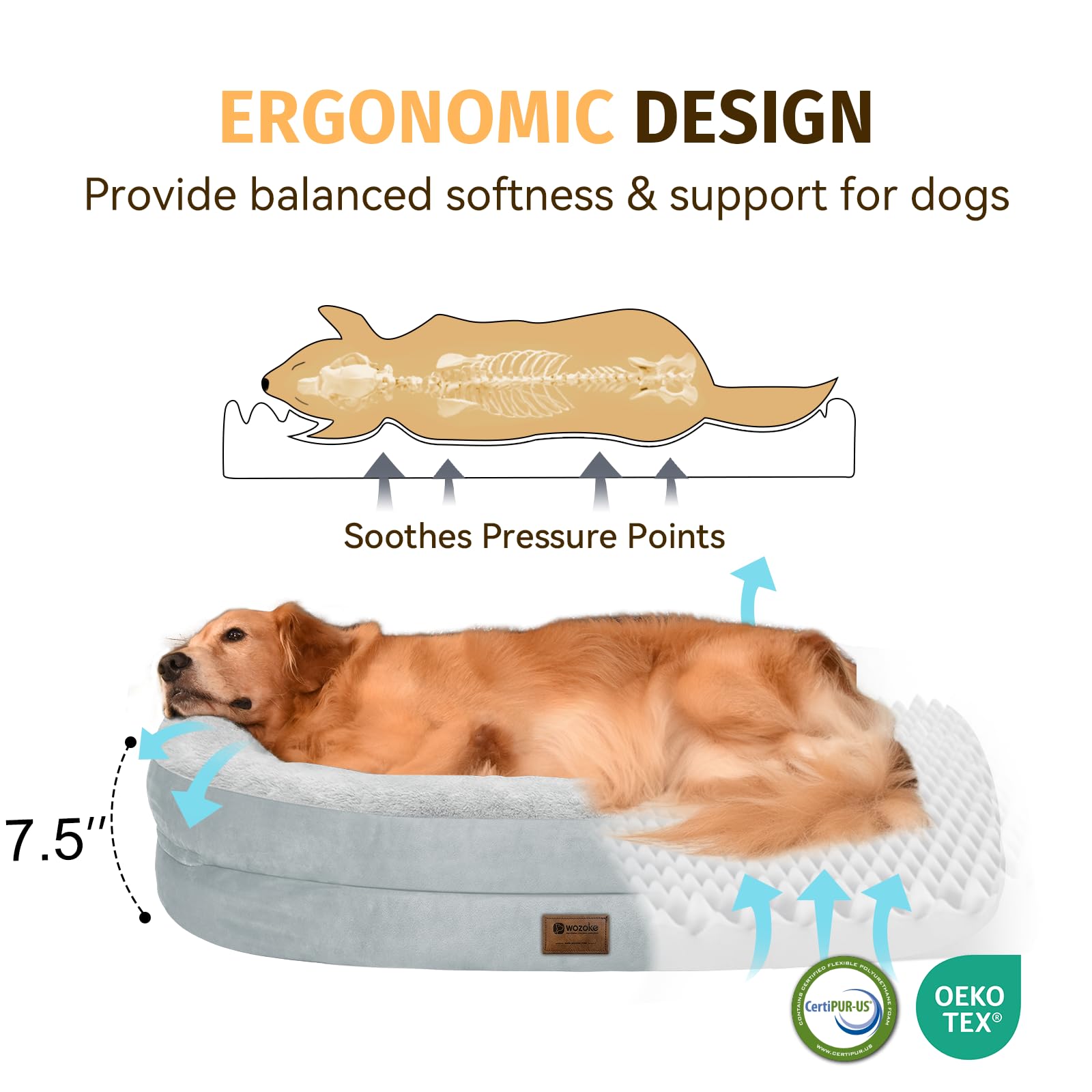 WOZOKE Orthopedic Memory Foam Dog Bed - XL Large, Waterproof, Washable, Silver