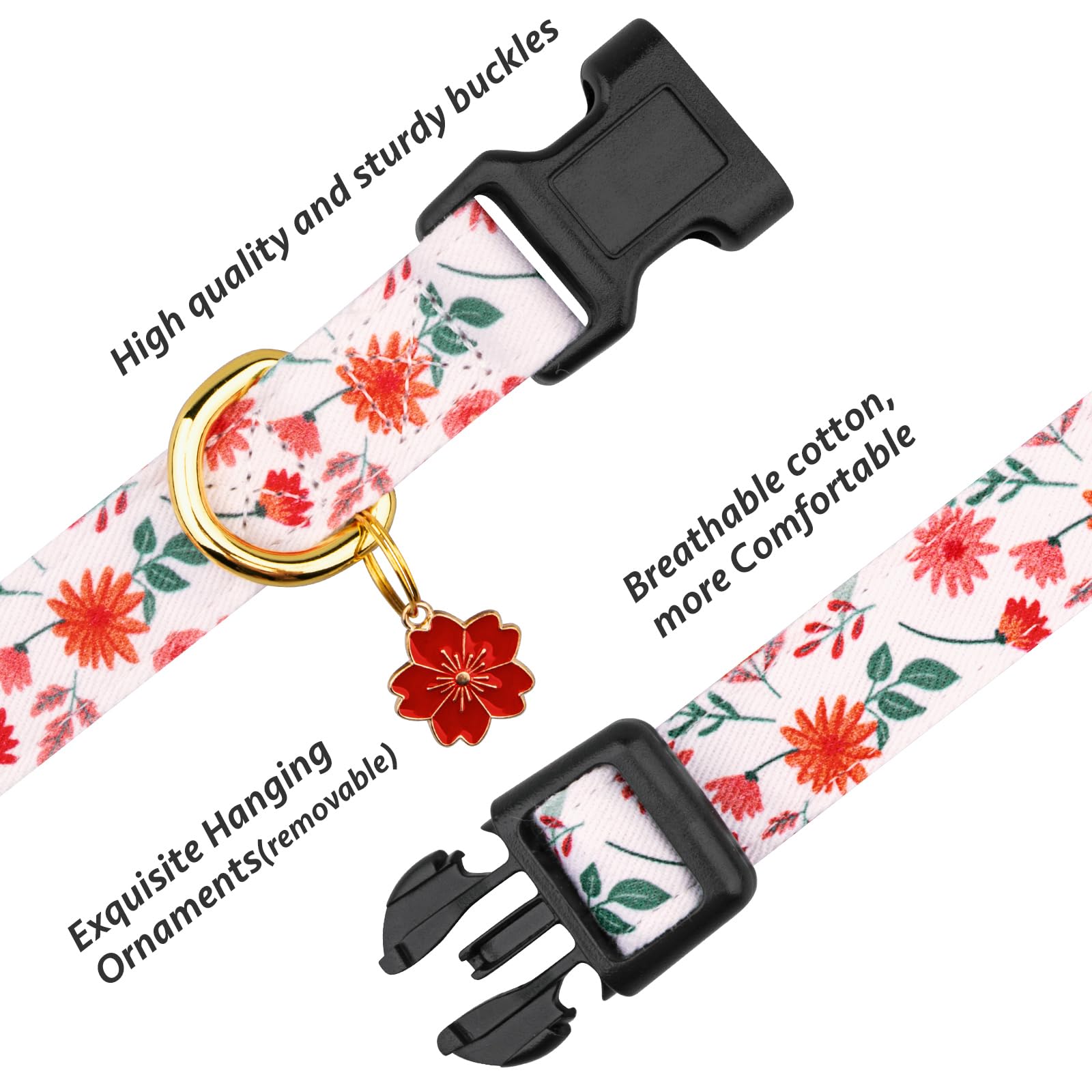 Cotton Handmade Dog Collar Cute And Distinctive Patterns Red And White Flower With Pendant For Girl Boy Dogs Collars L