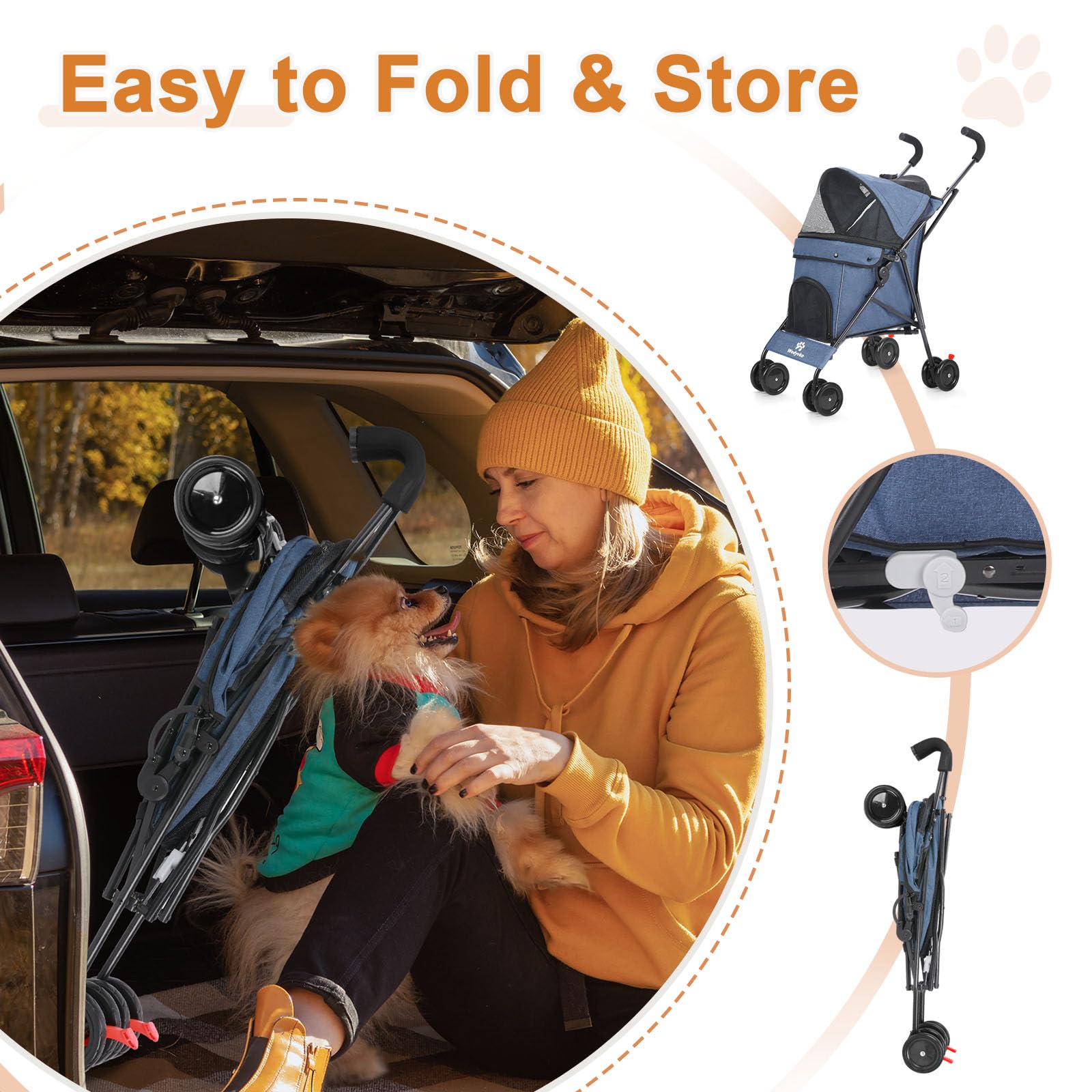 Wedyvko Travel Portable Dog Stroller, Pet Stroller for Small Puppy Dogs & Cats, Up to 33 lbs, Navy Blue