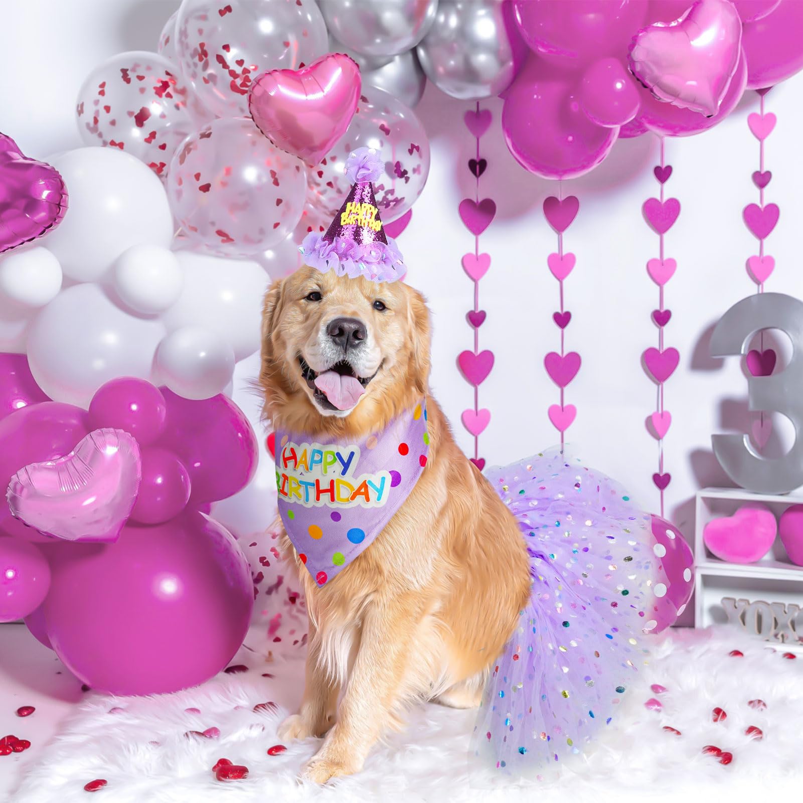 SCENEREAL Dog Birthday Bandana with Hat and Dress Girl Set, Large Dog Birthday Party Supplies, Cute Tutu Skirt Outfit for Medium