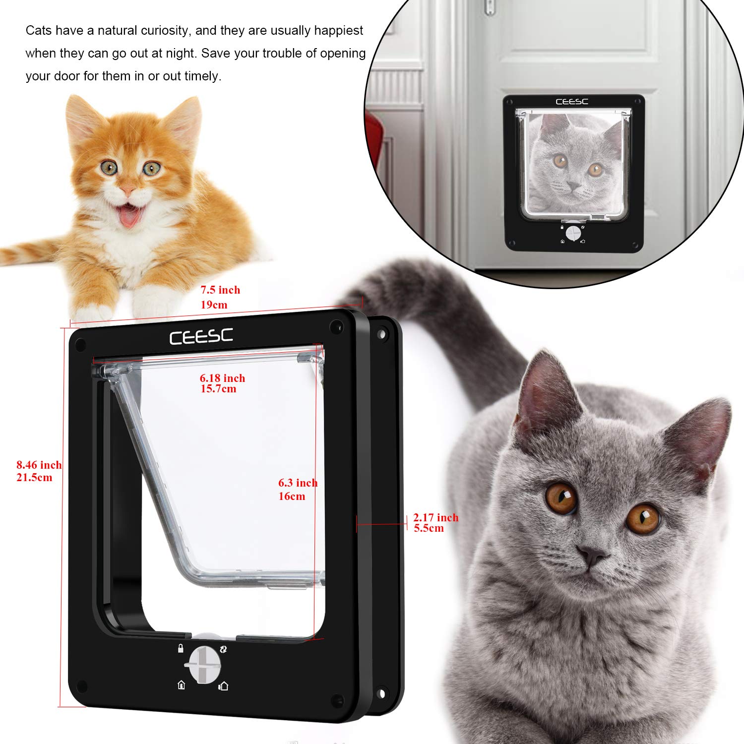 CEESC Cat Door - Magnetic 4-Way Lock, Medium Size, Black, Glass Material for Kitties and Kittens