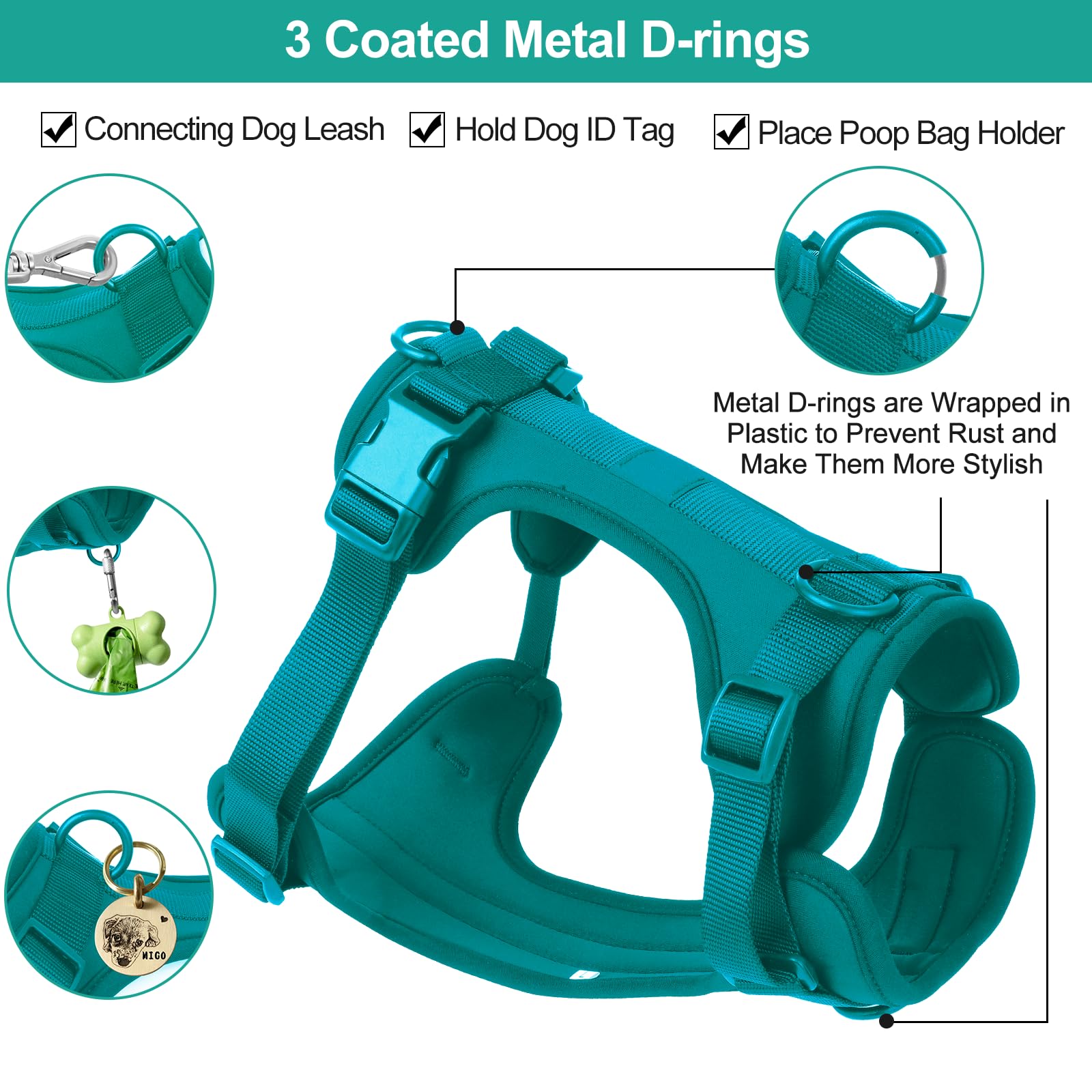 Wisedog No Pull Dog Vest Harness, Soft Nylon, Breathable Mesh, Size S, Emerald Green
