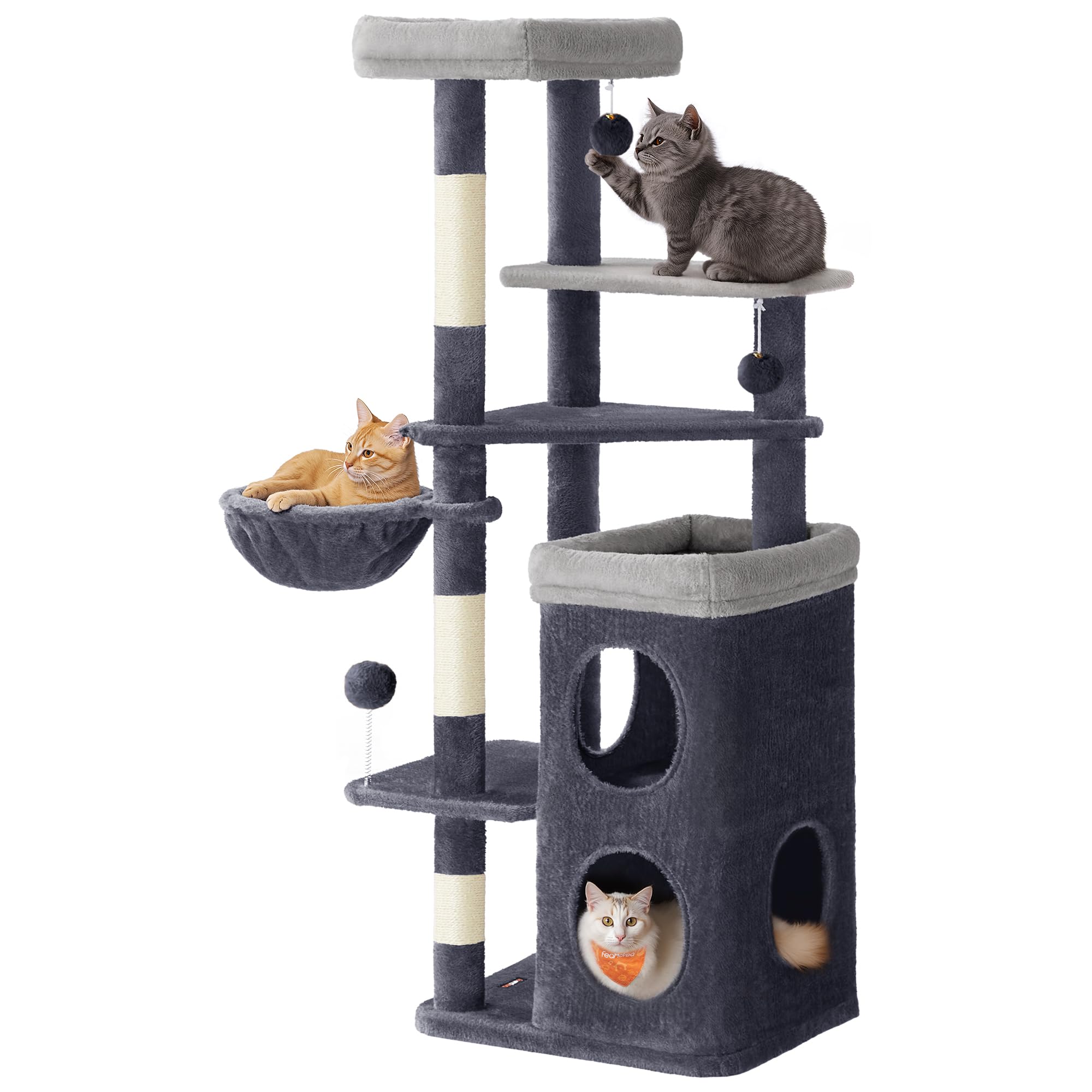Feandrea Cat Tree, 60-Inch Cat Tower, Multiple-Level Plush Condo with 2 Caves, 3 Scratching Posts, 3 Perches, Dark Gray UPCT007G
