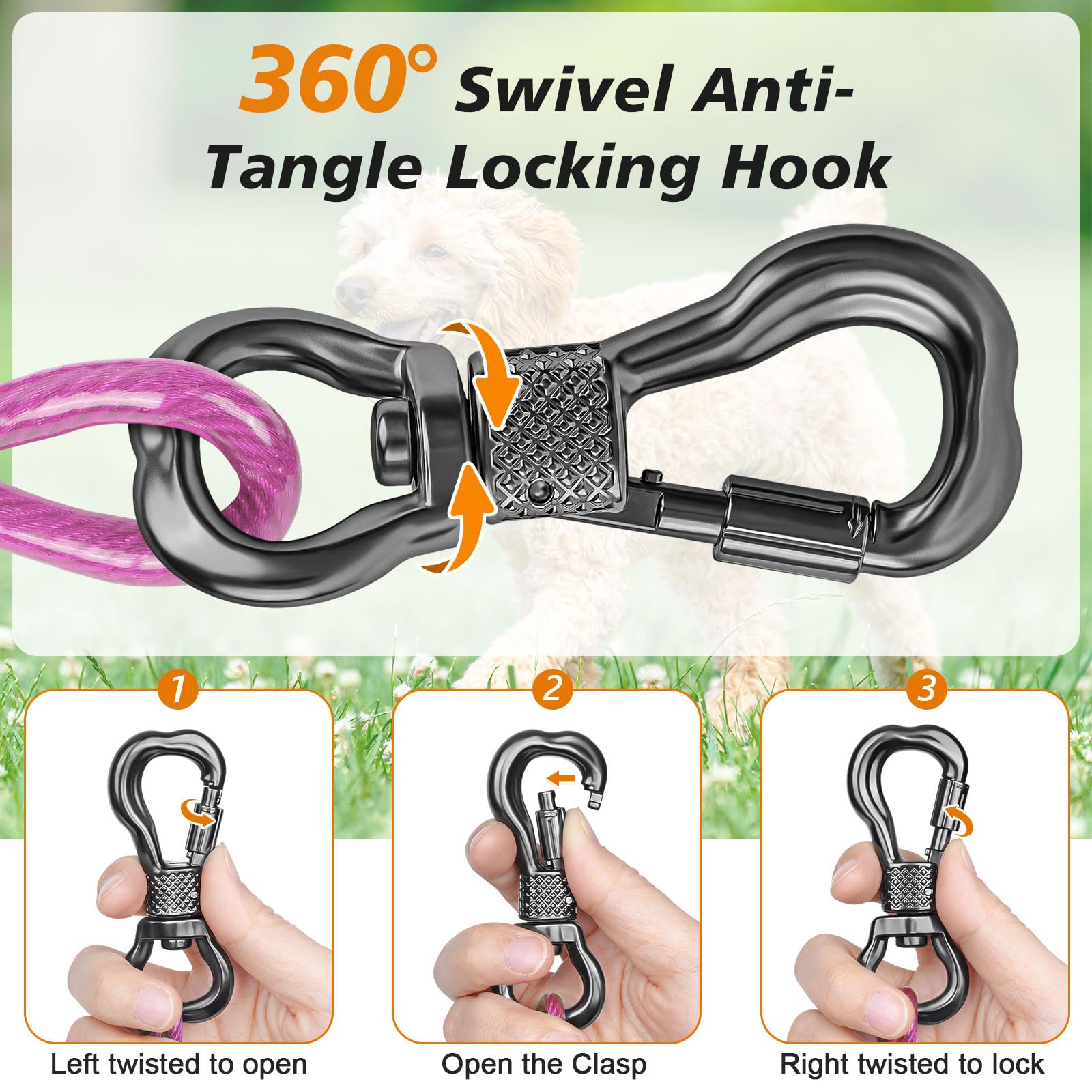 Tresbro Dog Tie Out Cable 10Ft, Dog Leads For Yard With Sturdy Spring And Lockable Swivel Hook, Chew Proof Dog Chain For Outside