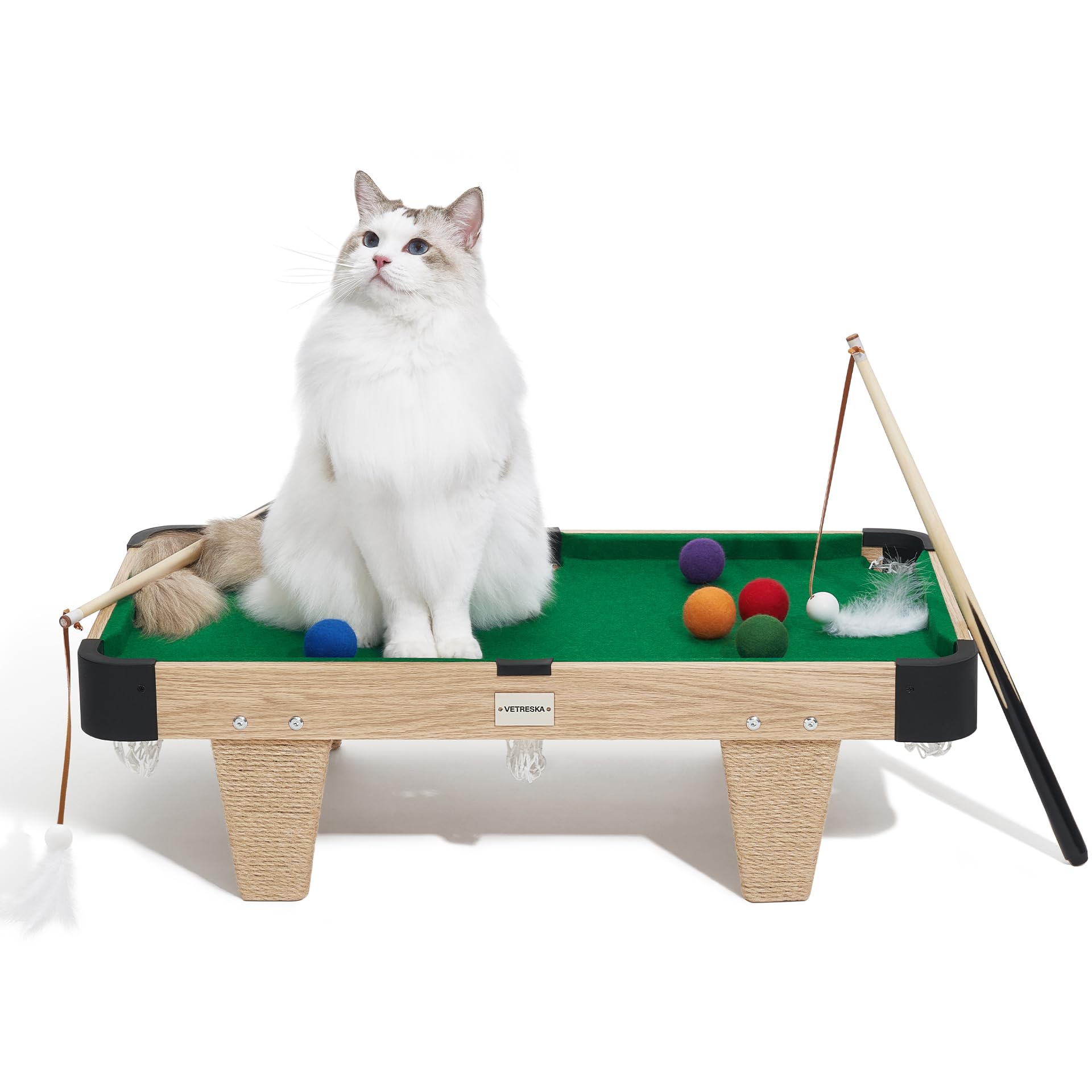 VETRESKA 4 in 1 Cat Toys Mini Pool Table for Cats,Cat Feather Wand Toy Cat Billiard Ball Puzzle Toy,Cat Tree Pool Table Tower wi