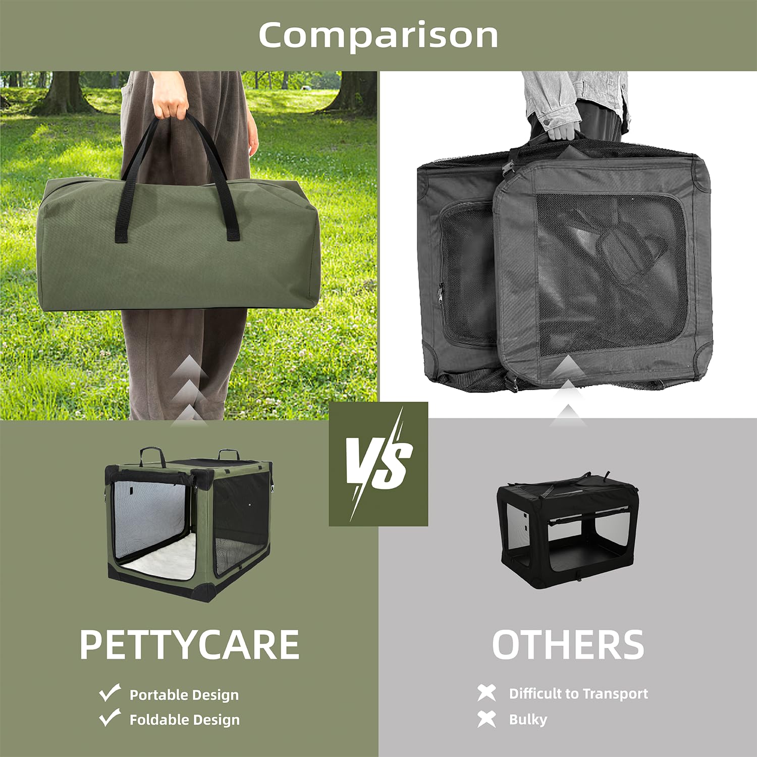 Pettycare 30 Inch Stainless Steel Collapsible Dog Crate - Soft Dog Crates For Medium Dogs, 4-Door Soft Sided Dog Kennel, Portable Foldable Travel Crate With Durable Mesh, Indoor & Outdoor, Olive Green