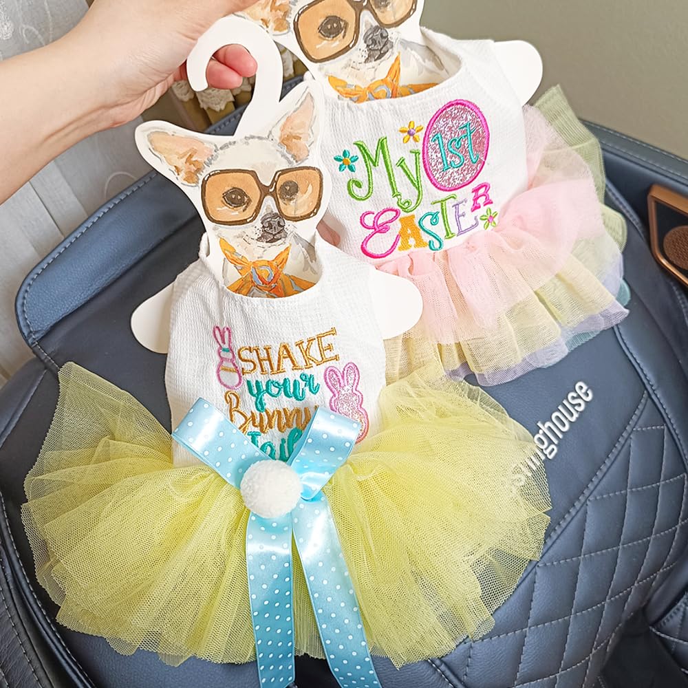 Anelekor Dog Easter Outfit With Embroidered Bunny Patterns And Cute Pompom Holiday Puppy Dress Bow Small Dog Tutu Cat Apparel Fa